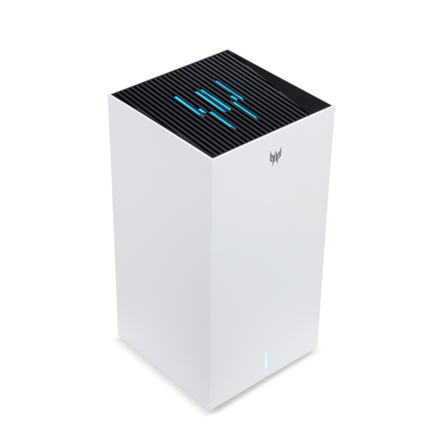 A white, rectangular gaming PC tower with blue lights at the top.