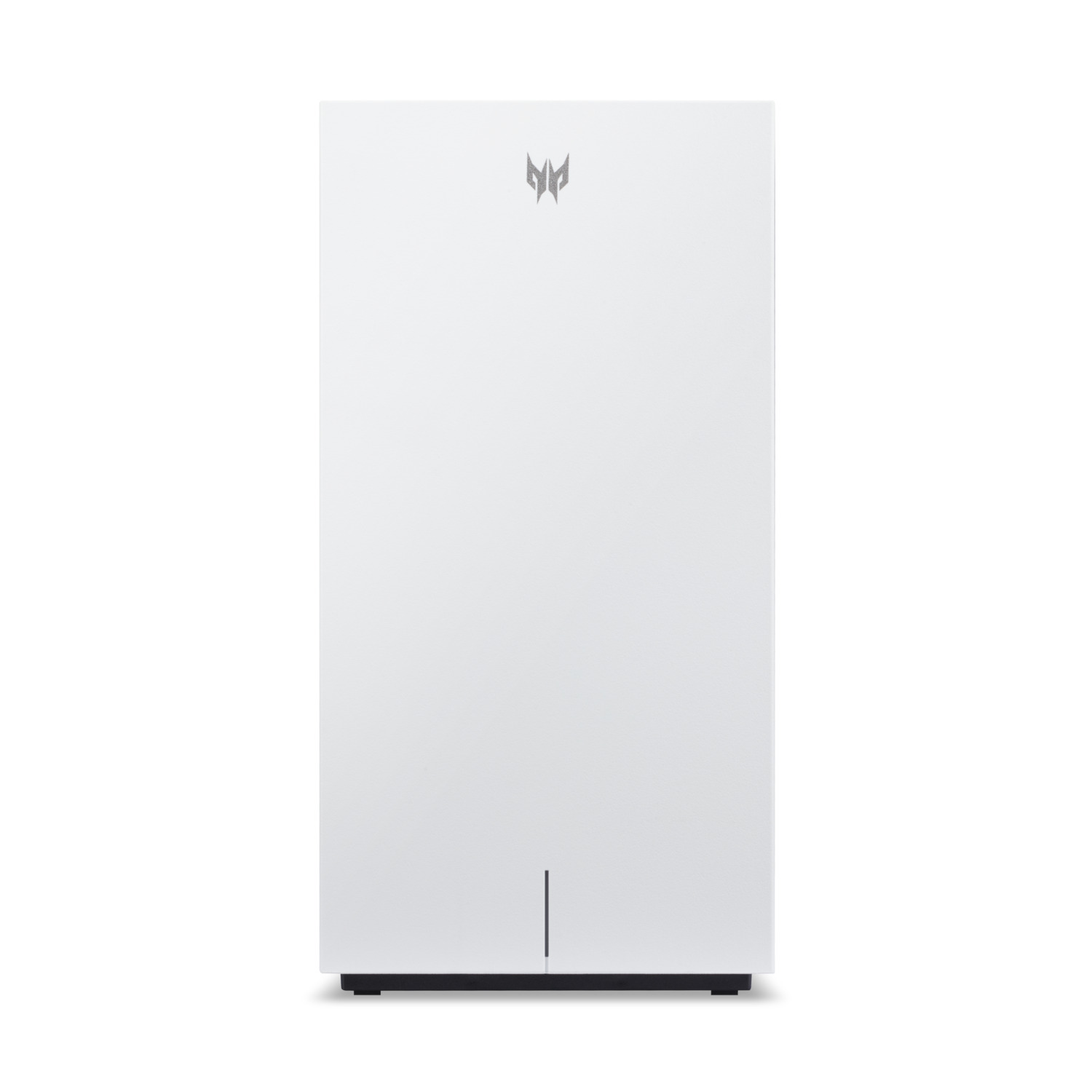 A white computer tower with a silver logo on a white background.