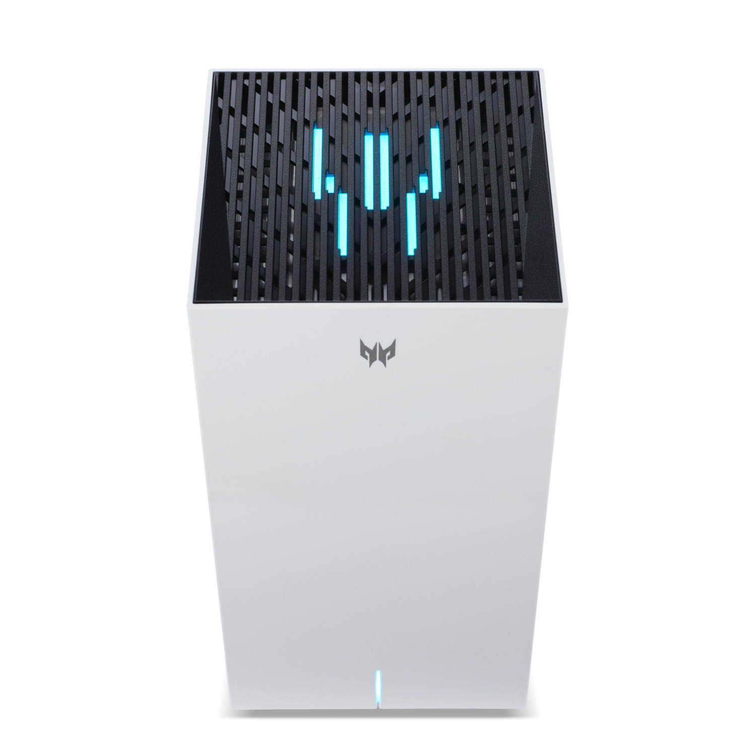 A white desktop computer case with blue lights. Predator logo at the bottom.