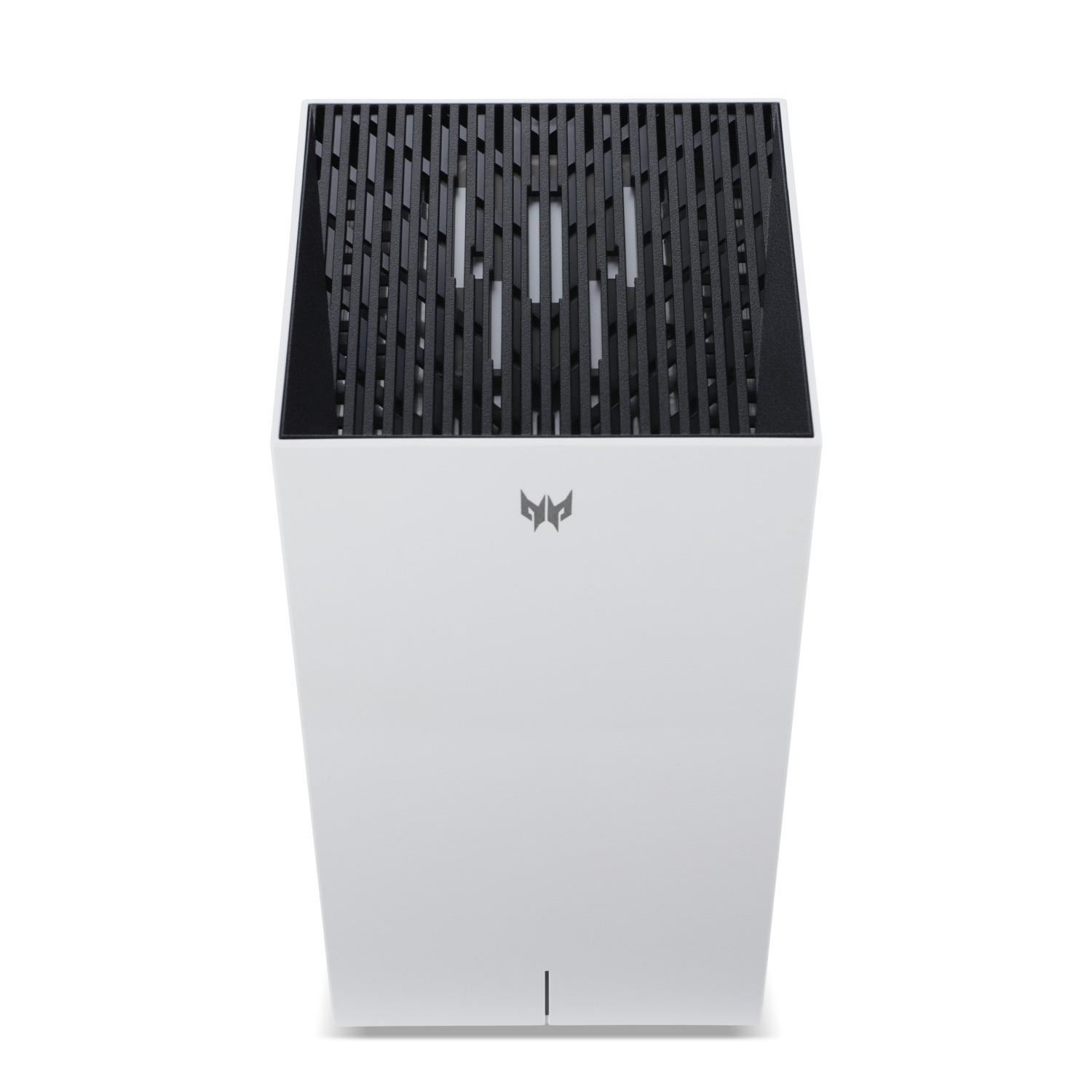 A white computer case with black vents at the top, with a logo on the front.