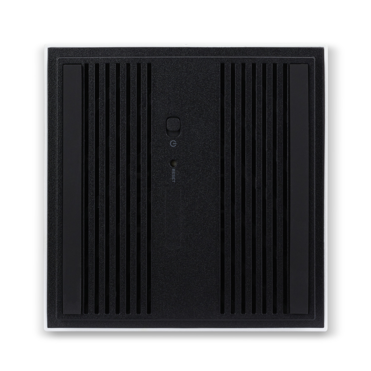 Black device with vertical lines and a power button.