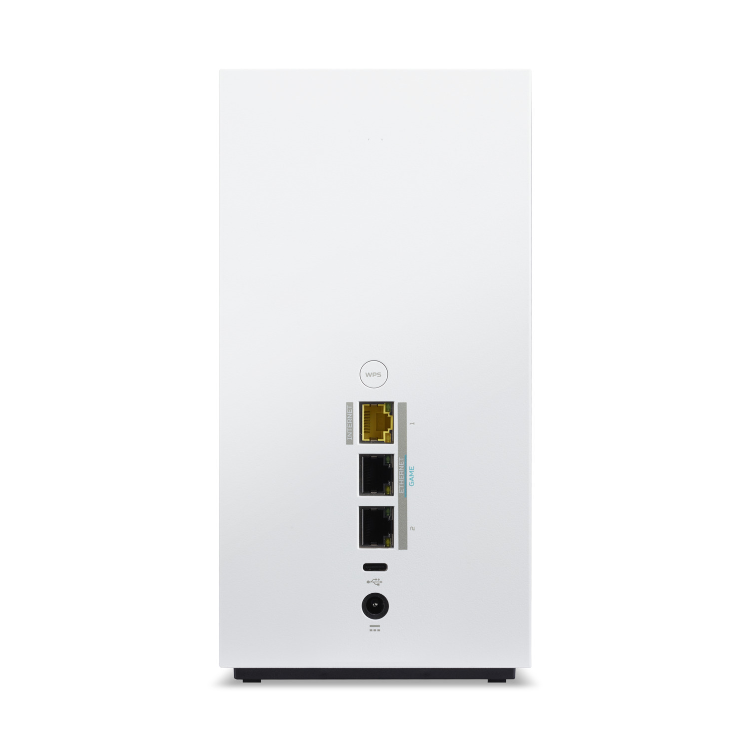 White router with ports and labels, against a white background, with a plain design.