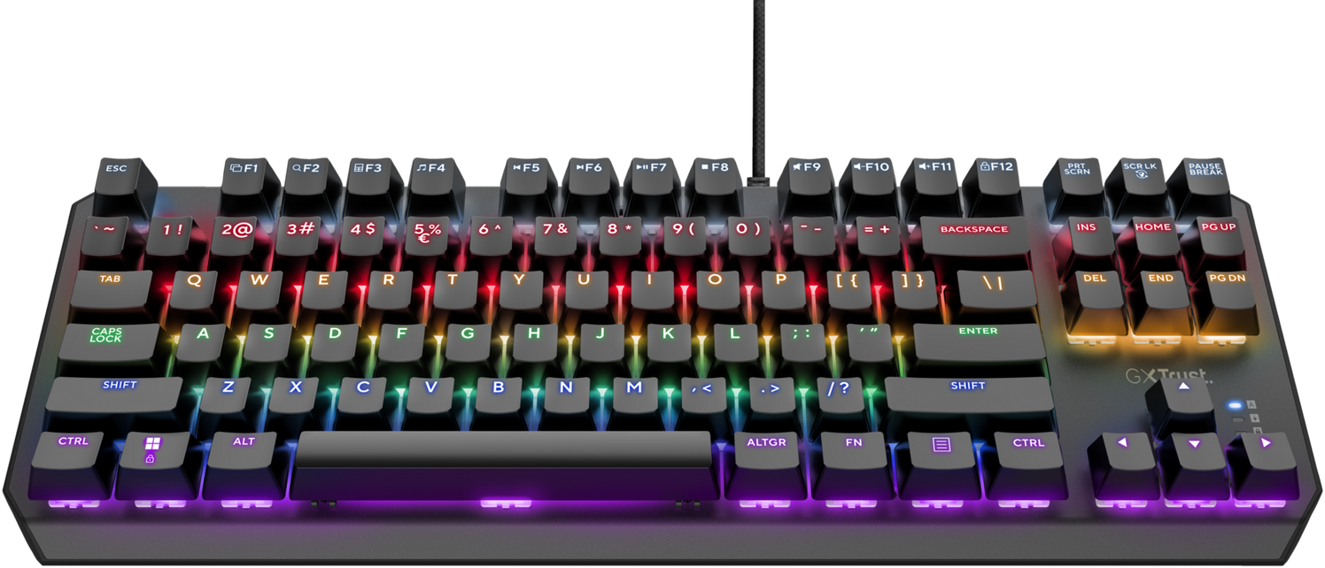 Egy fekete mechanikus billentyűzet RGB világítással. A billentyűk teljesen láthatók, az elrendezés tiszta.