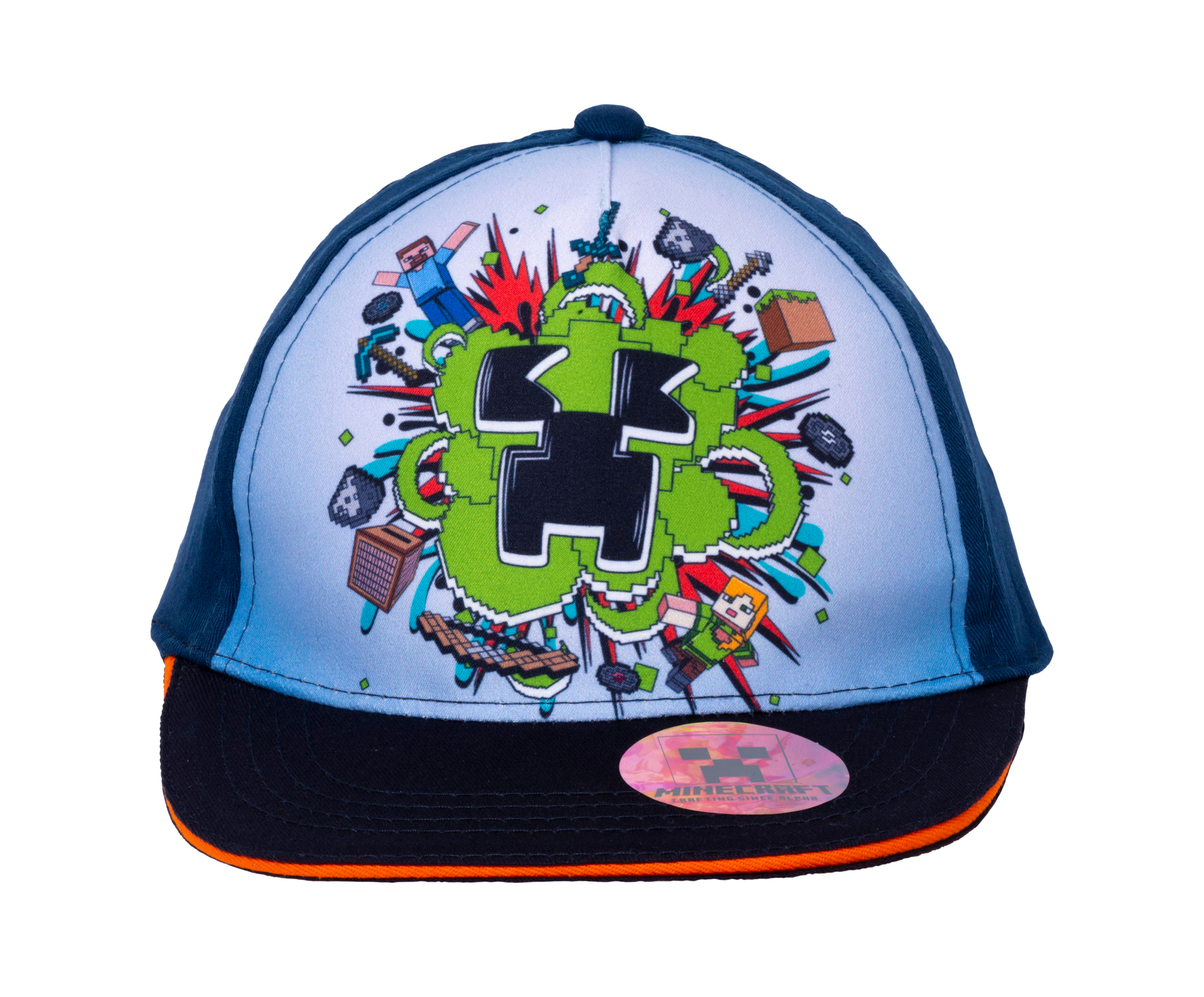 Minecraft-Kappe. Blau und Marineblau, mit Minecraft-Design mit einem grünen Creeper und anderen Charakteren.