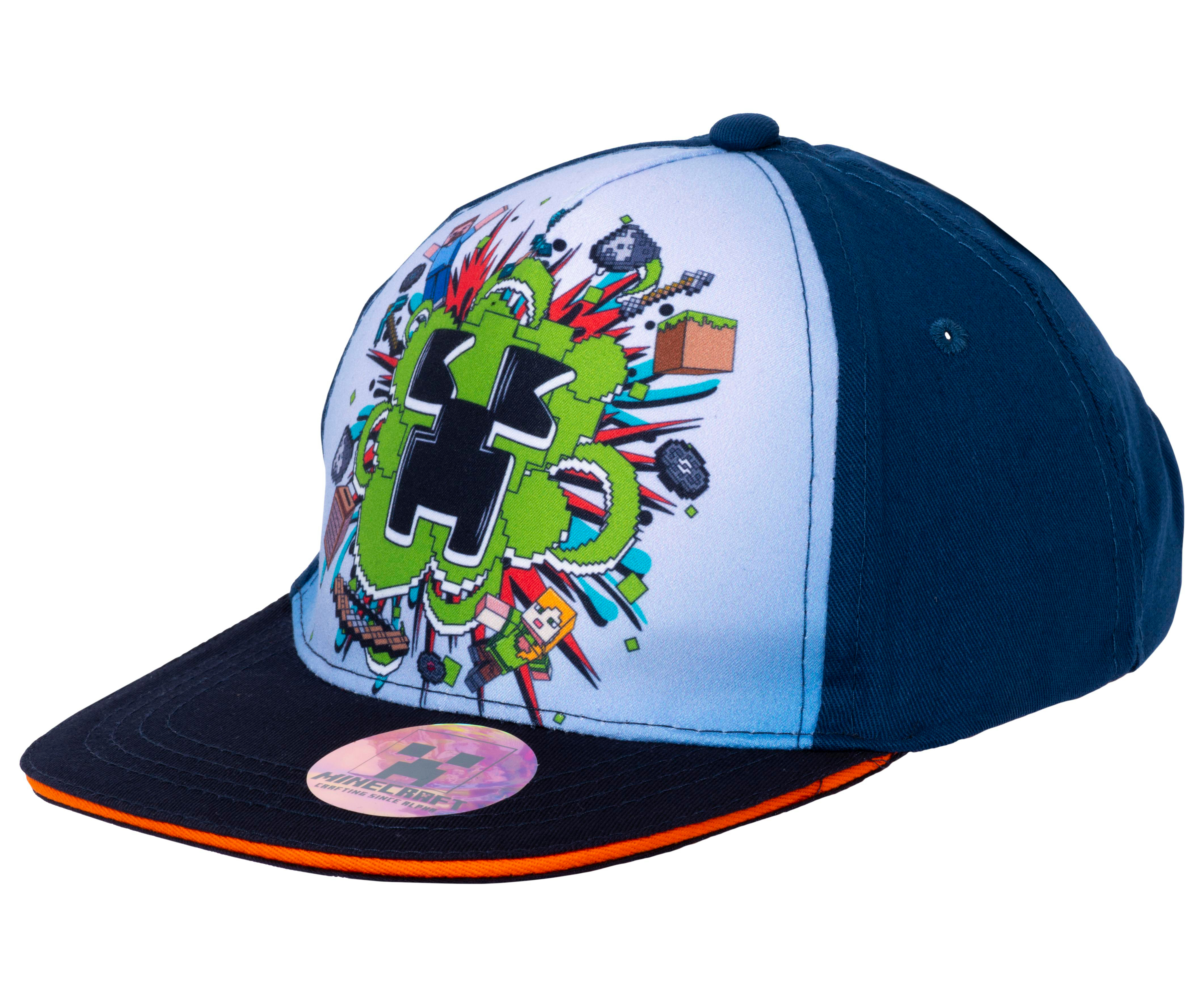 Eine Baseballkappe im Minecraft-Stil. Sie ist blau und hat einen Creeper und verschiedene Spielelemente.