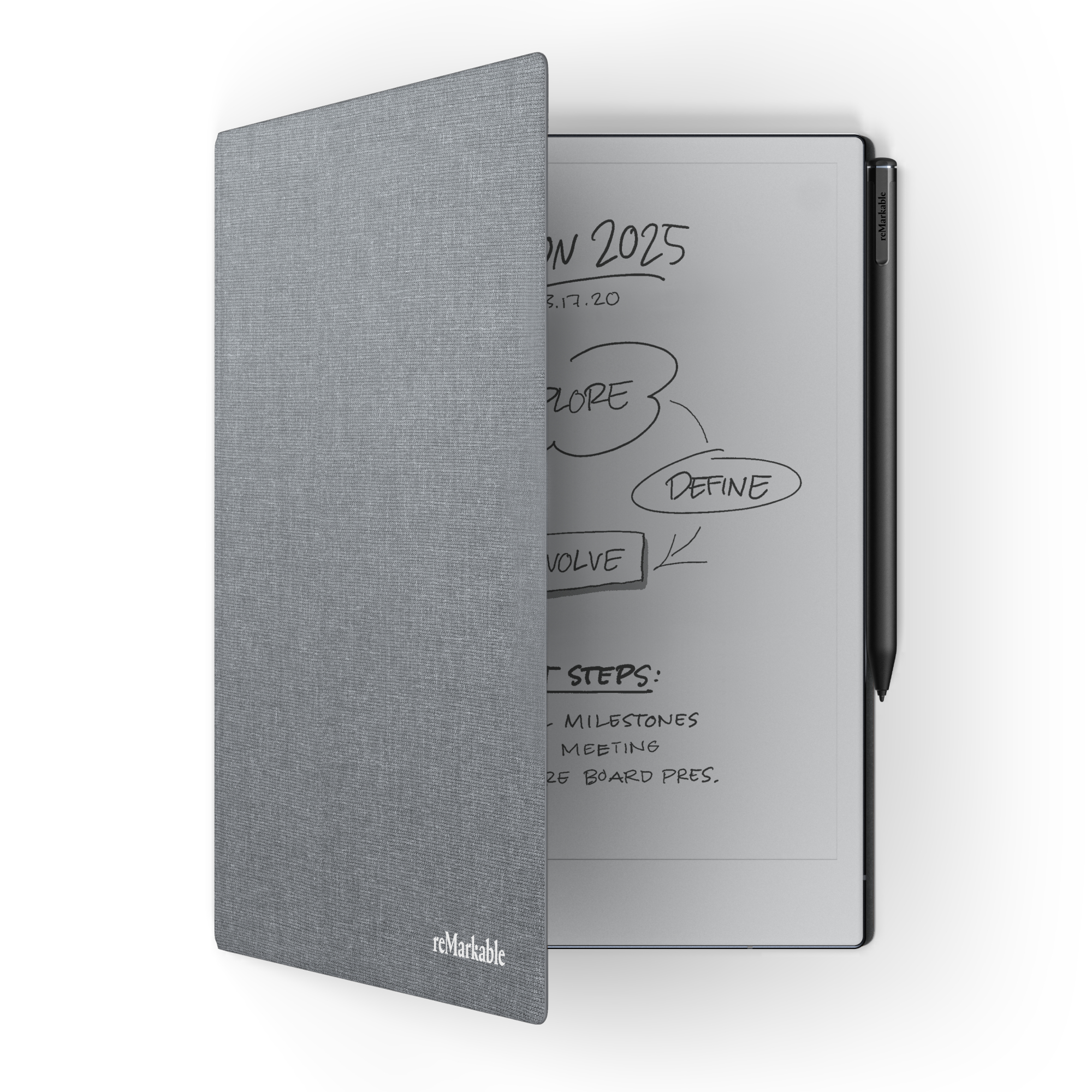 Graues Tablet mit offenem, grauem Cover. Der Bildschirm zeigt ein Flussdiagramm mit einem Stift auf der rechten Seite.