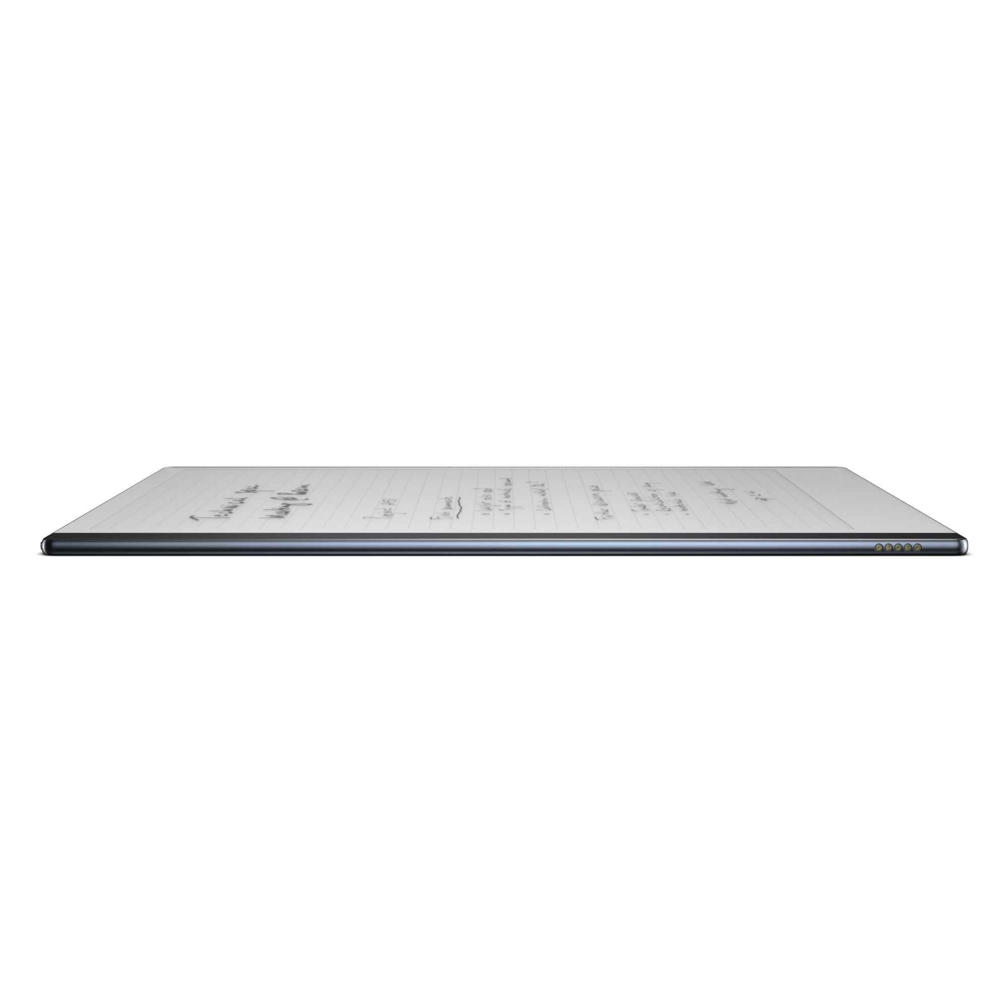 Ein Tablet mit Bildschirm. Das Tablet ist von der Seite gesehen. Es hat einen schwarzen Rahmen und einen weißen Hintergrund.