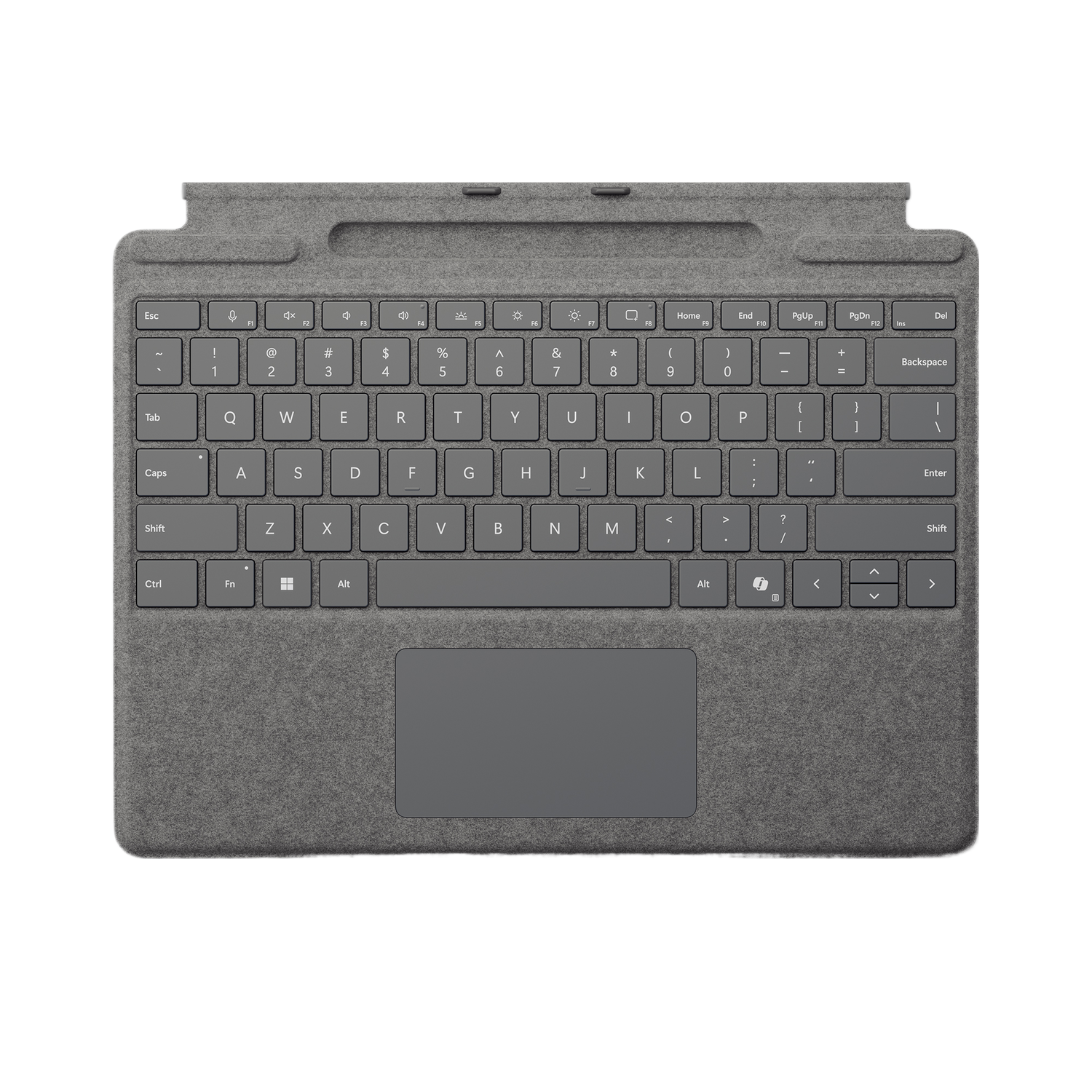 Een grijs stoffen toetsenbord voor een tablet met touchpad, op een zwarte achtergrond.