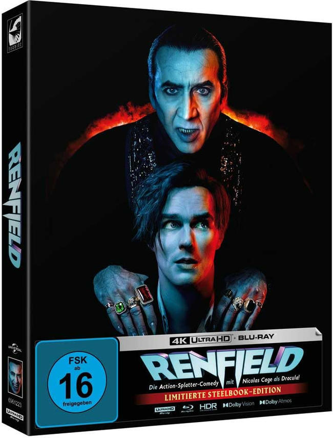 Filmcover: Nicolas Cage als Dracula, mit einem anderen Mann. Schwarzer Hintergrund, rote Akzente.