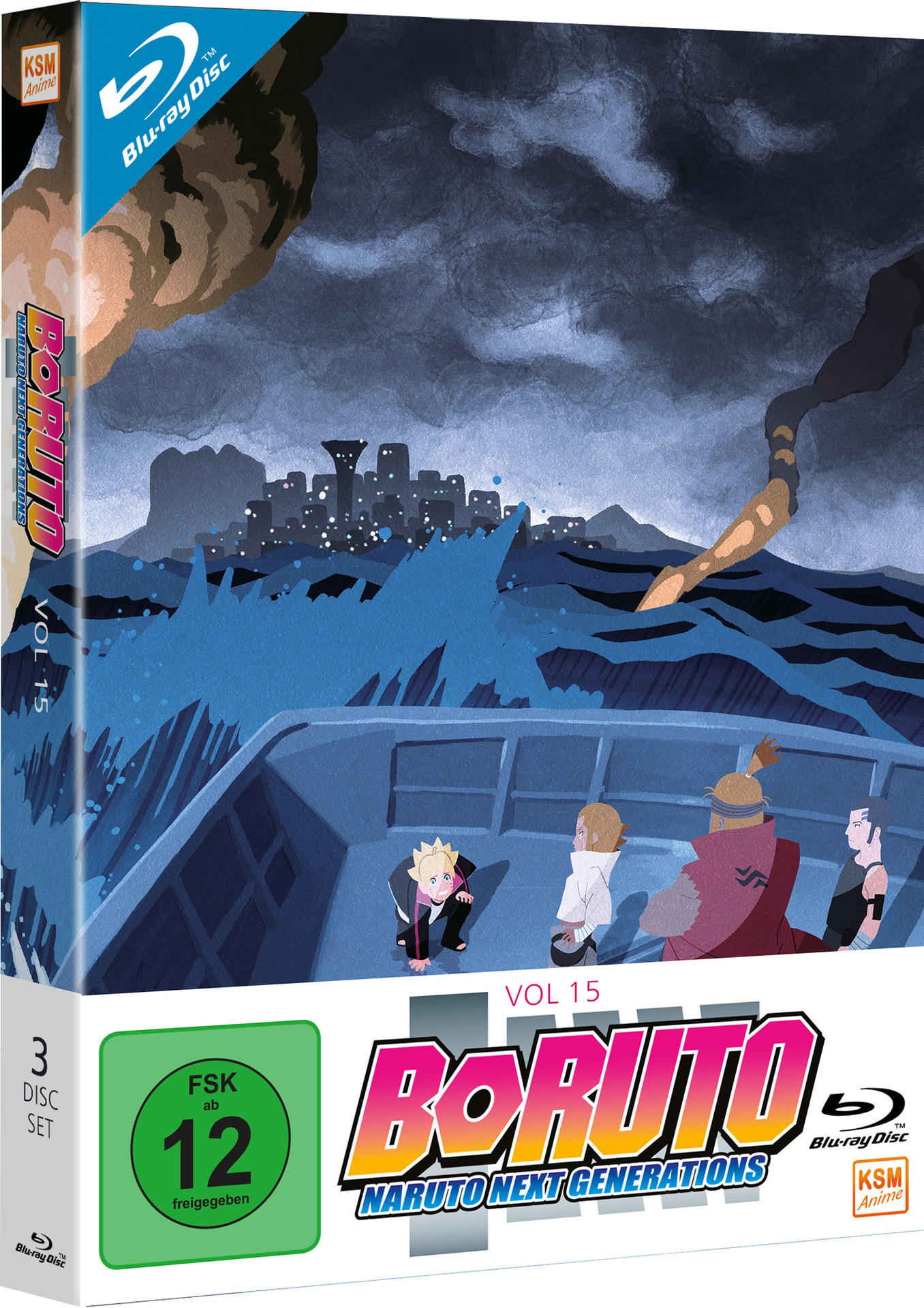 Blu-ray-Disc-Box-Art für Boruto: Naruto Next Generations, Vol. 15. Szene zeigt ein Schiff auf rauer See.