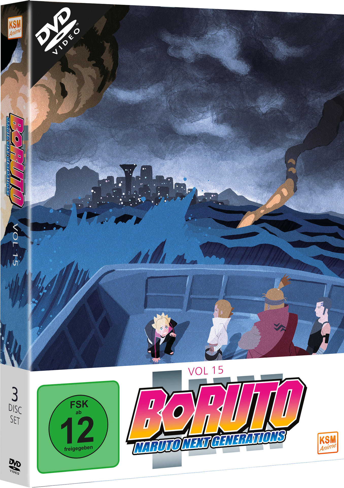 Boruto Anime-DVD. Das Cover zeigt ein Boot auf rauem Wasser, Charaktere an Deck und eine Stadt im Hintergrund.