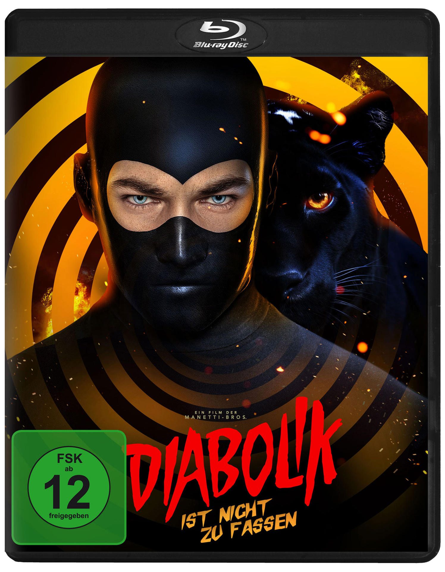 Diabolik-Filmcover. Ein Mann mit Maske steht mit einem Panther hinter sich, mit Text.