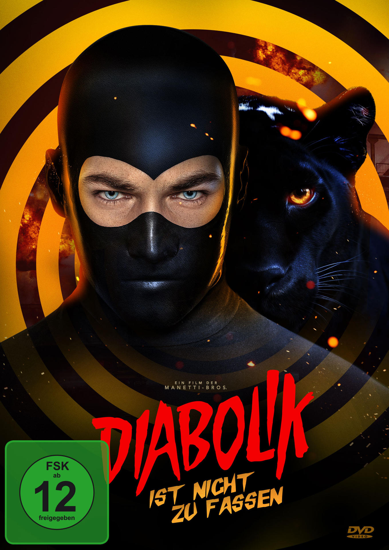 Filmcover: Mann in schwarzer Maske und Outfit, mit einem schwarzen Panther und gelbem Hintergrund.
