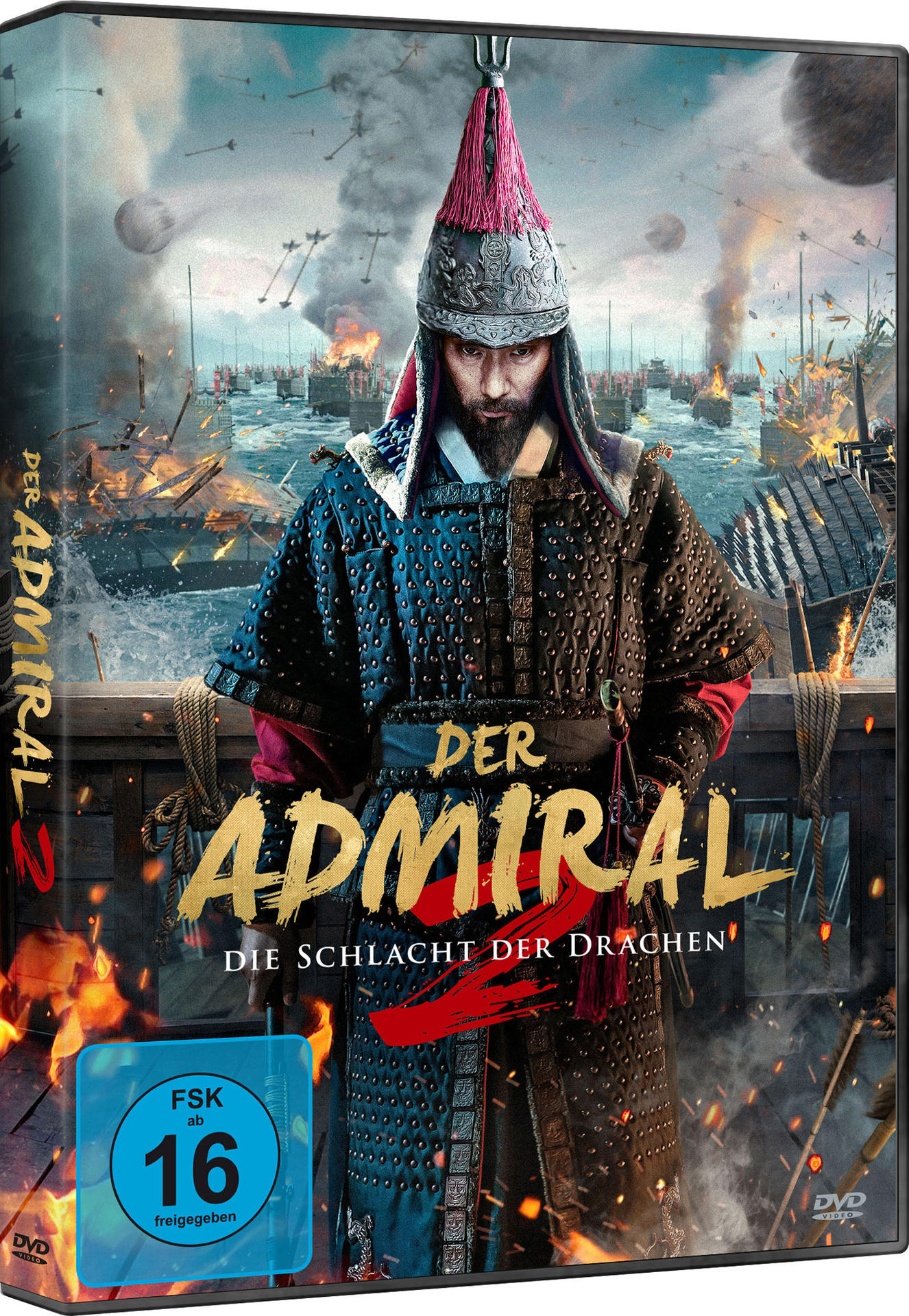 DVD-Hülle von 'Der Admiral 2', Mann in Rüstung, Schiffe und Explosionen im Hintergrund.