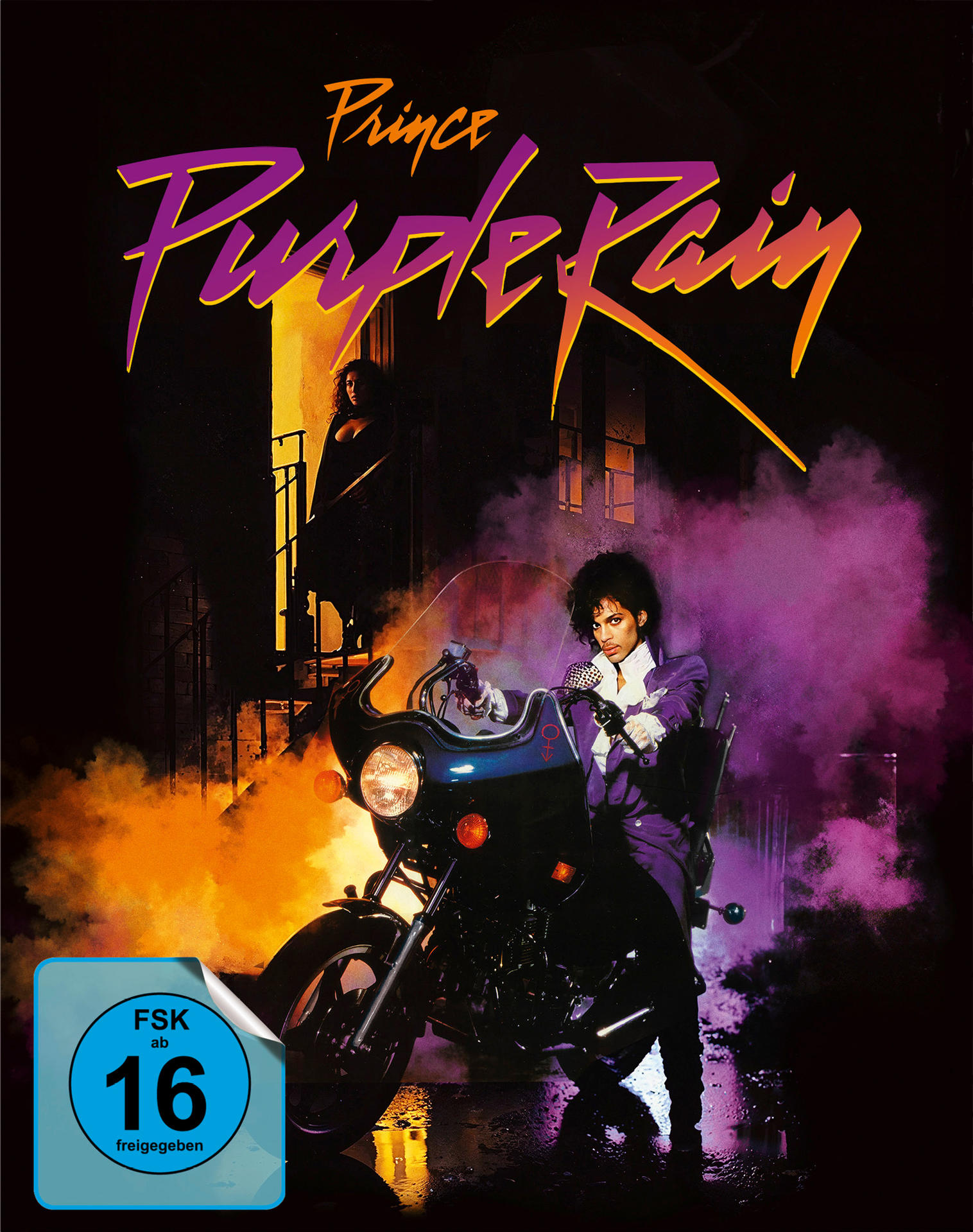 Filmplakat für Princes Purple Rain, mit Prince auf einem Motorrad und zwei Frauen im Hintergrund.
