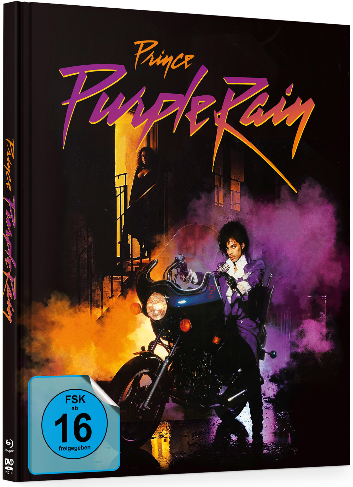 DVD-Hülle von Purple Rain, mit Prince auf einem Motorrad im lilafarbenen Licht.