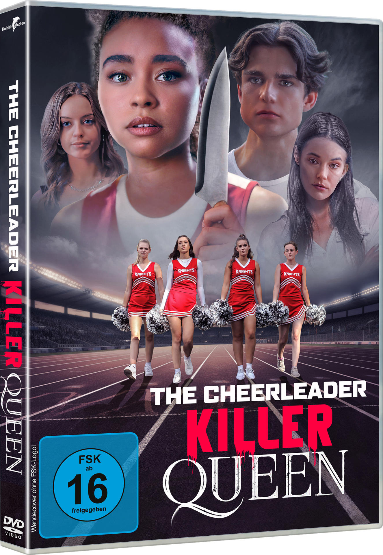 Filmposter. Mehrere Personen auf einer Laufstrecke. Titel: The Cheerleader Killer Queen.