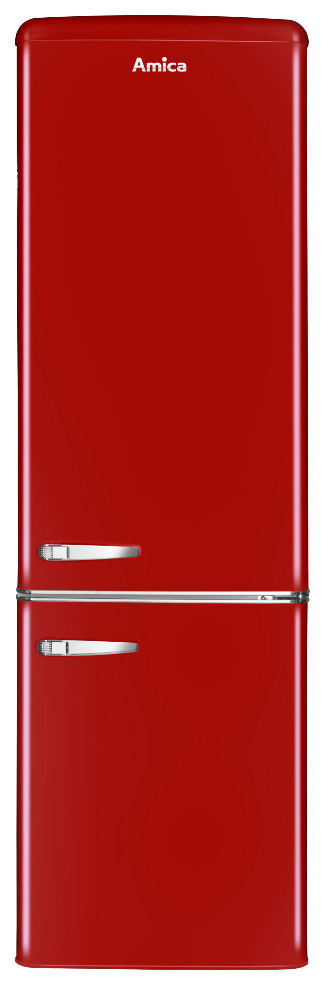 Ein roter Amica Kühlschrank im Retro-Design. Er hat zwei Türen und silberne Griffe.