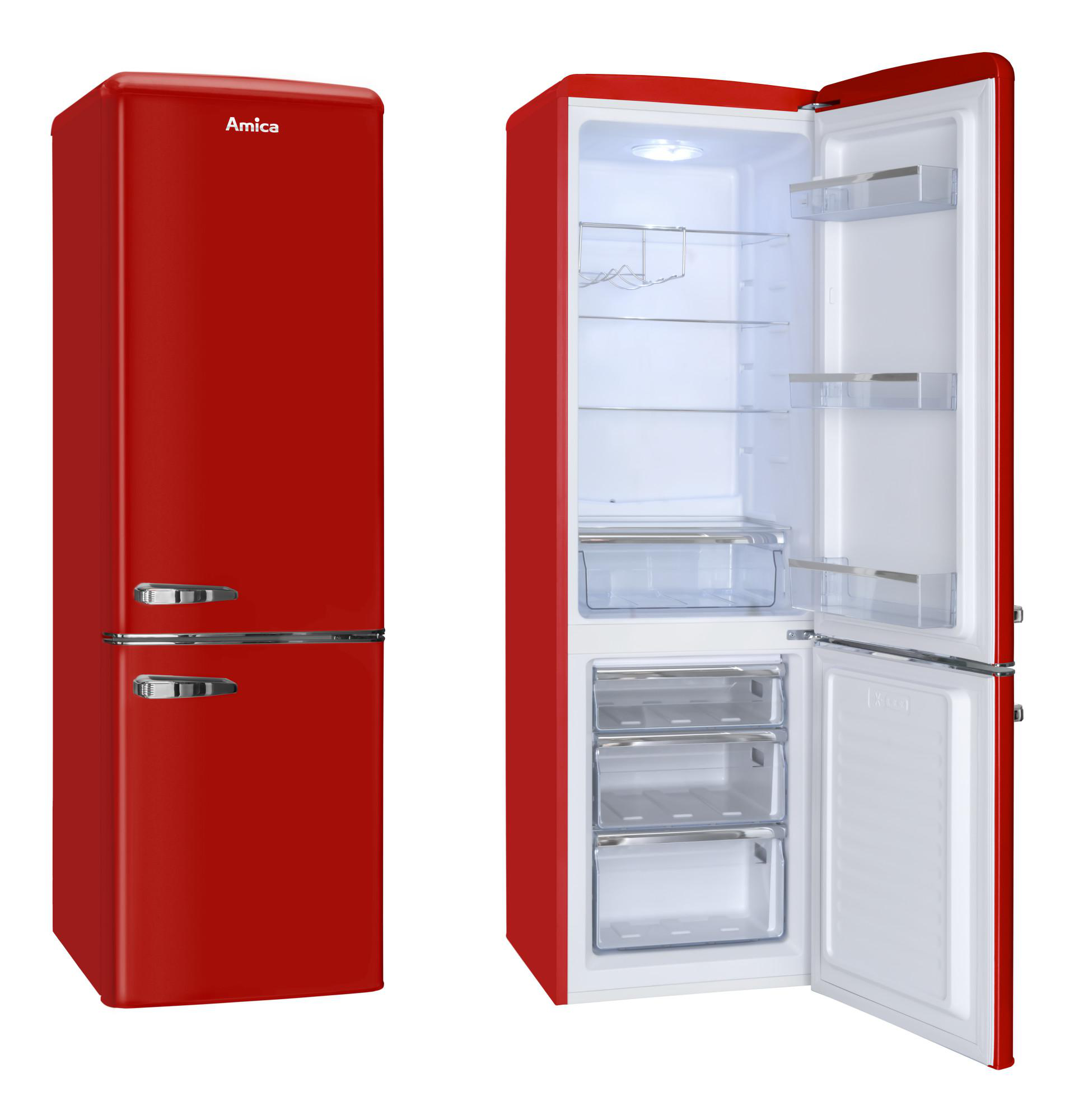 Roter Amica Kühlschrank, Tür offen. Innenregale und Schubladen sichtbar.