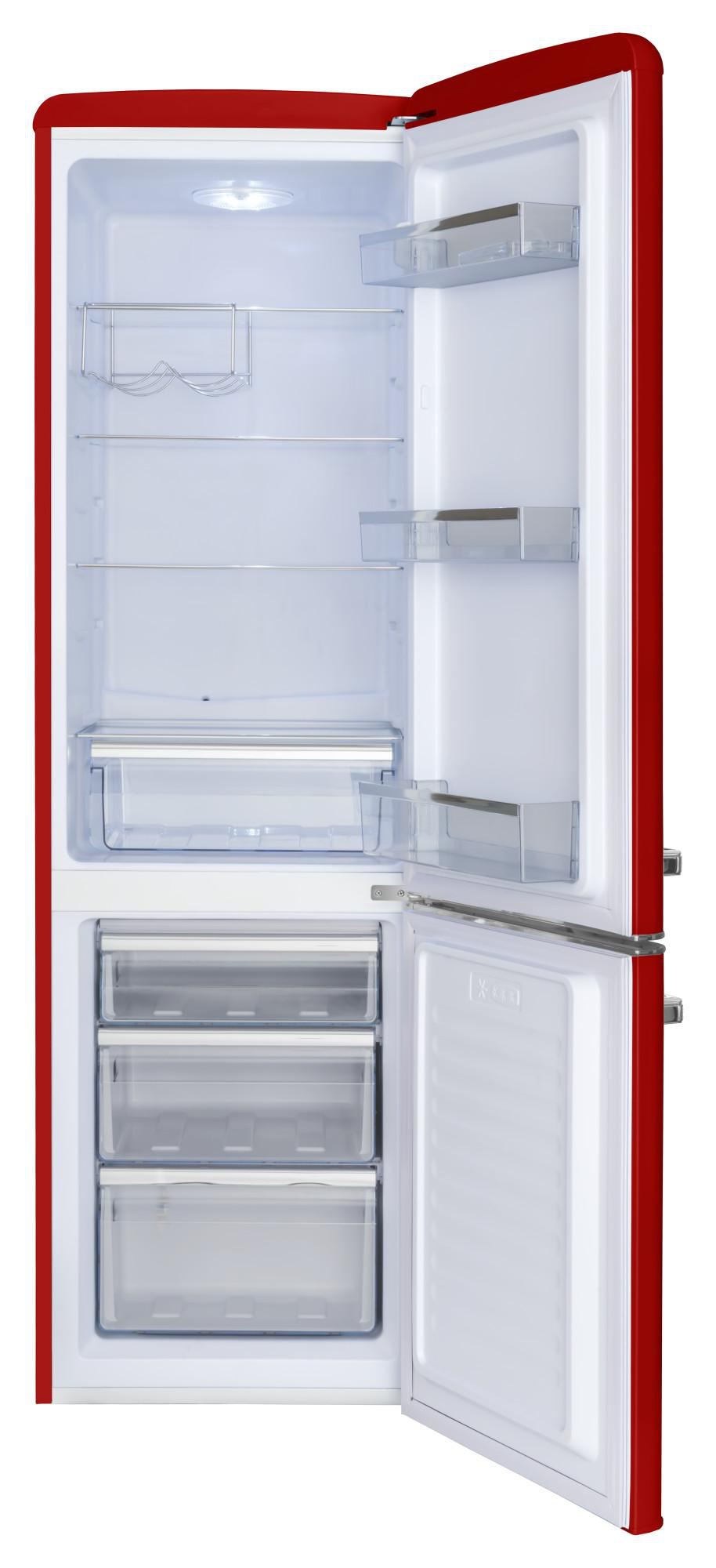 Roter Kühlschrank mit offener Tür, zeigt Regale und Schubladen.