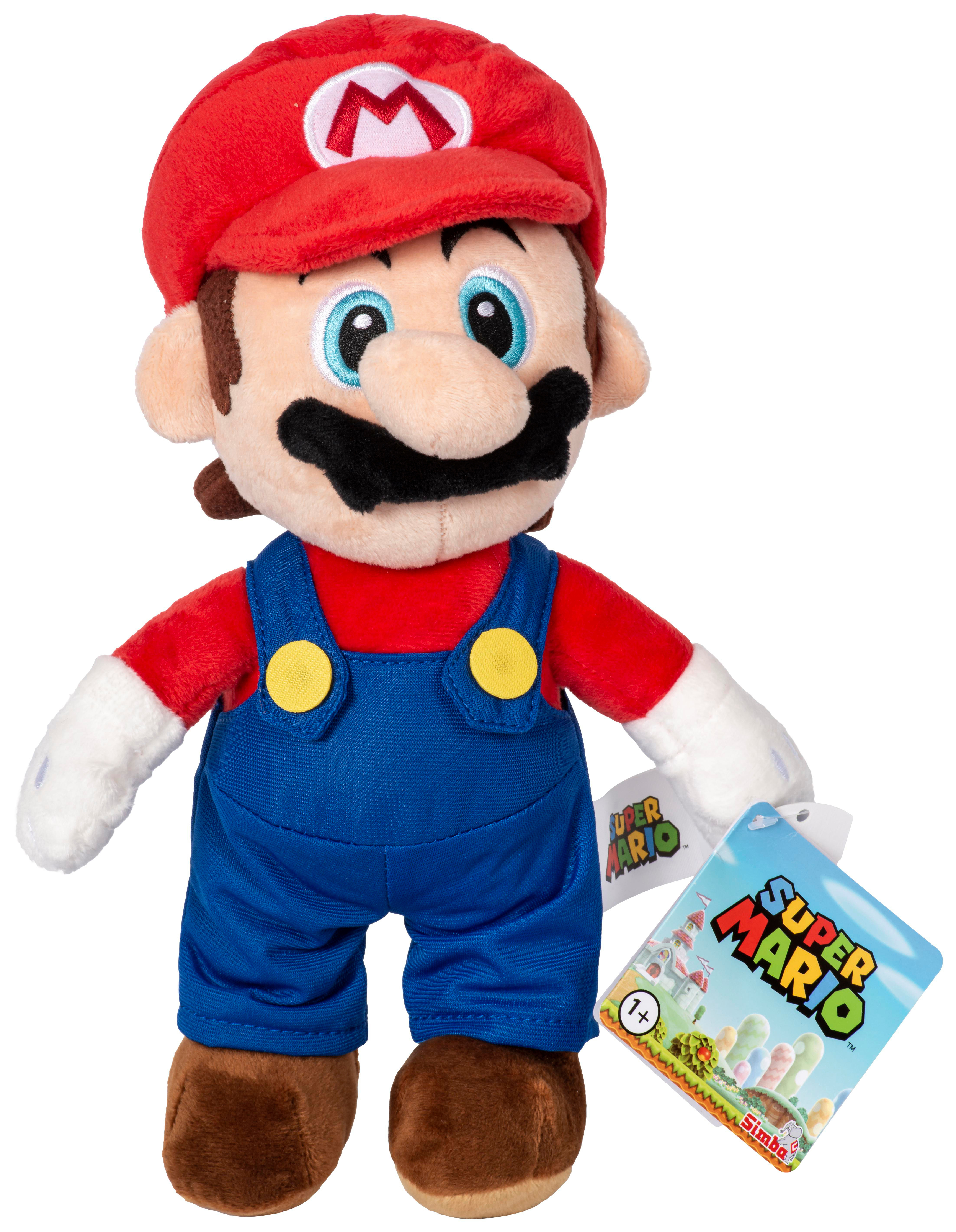 Mario-Plüschtier mit roter Mütze und Latzhose, hält ein Super Mario Spiel-Etikett.