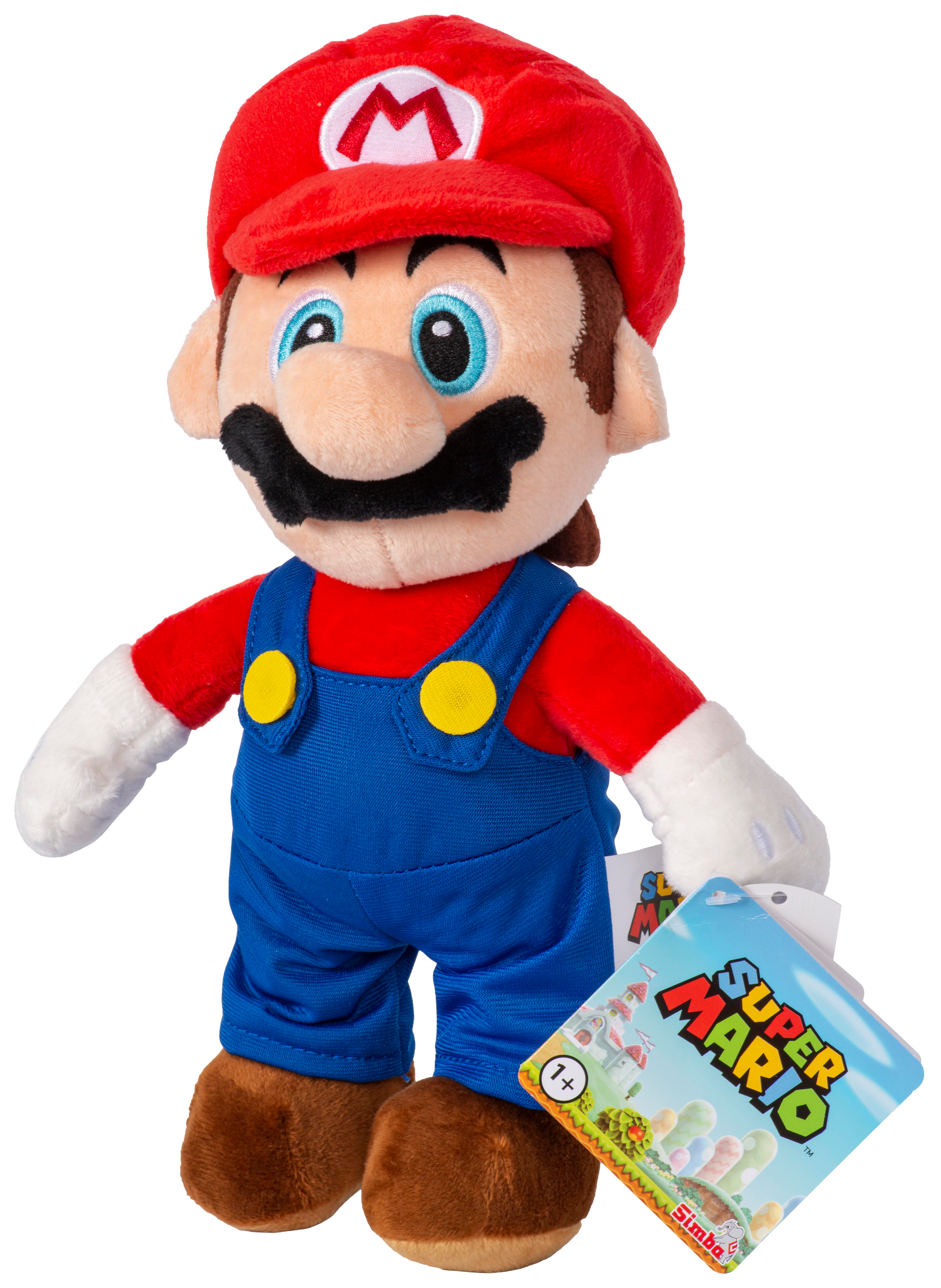 Mario-Plüschtier mit roter Mütze und Latzhose, lächelnd, hält ein Spiel-Etikett.