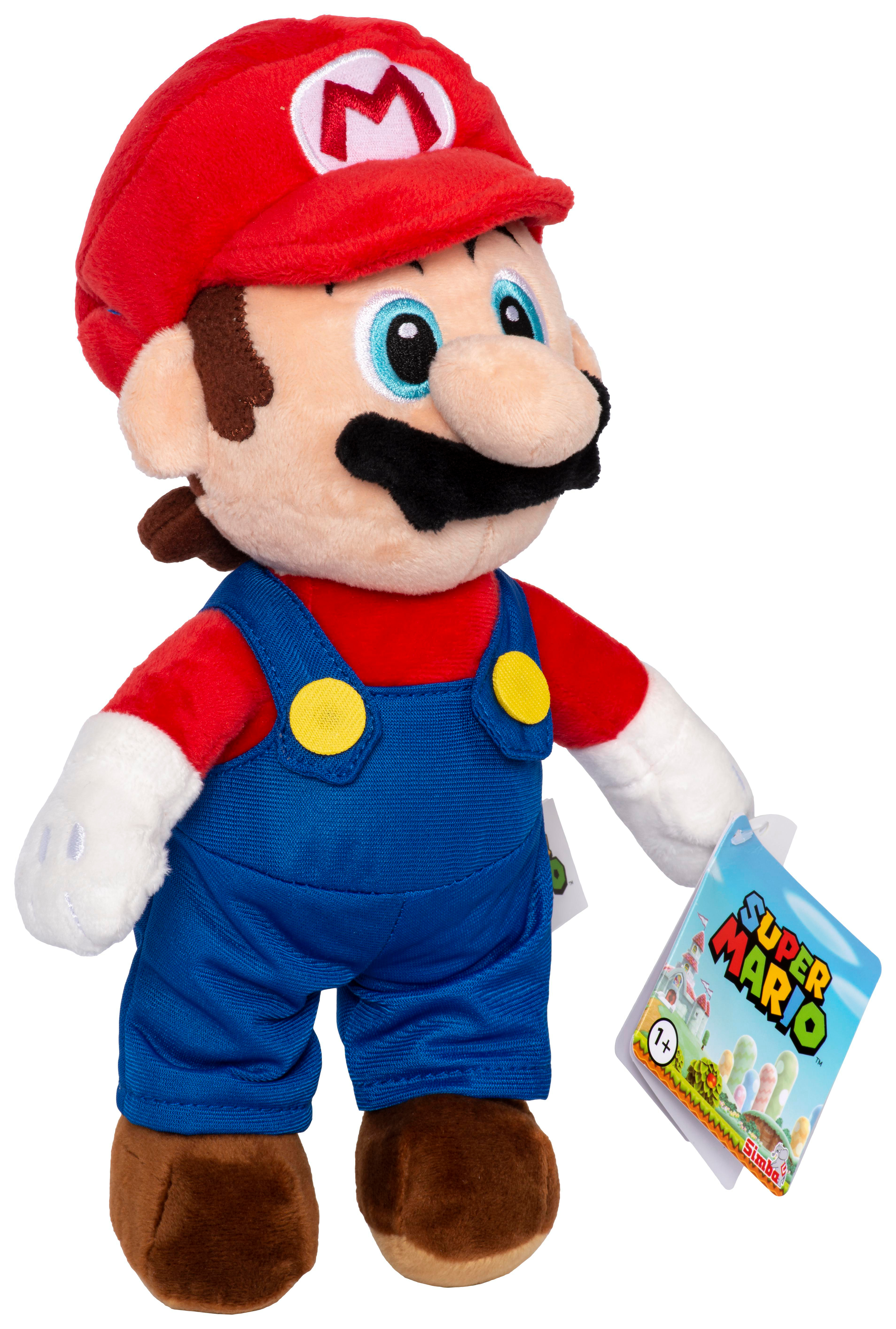 Mario Plüschpuppe mit roter Mütze und blauer Latzhose, hält ein Etikett mit Super Mario.
