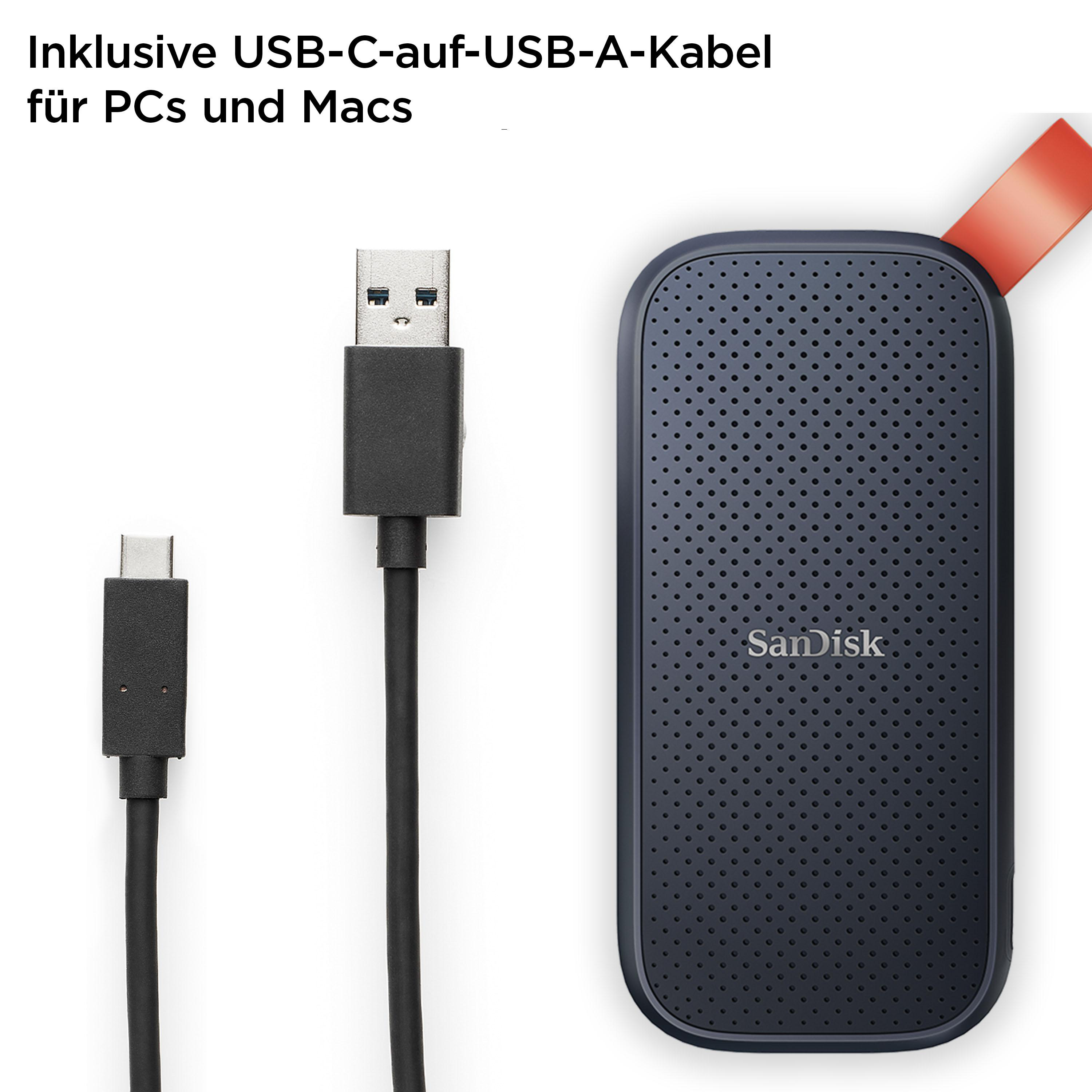 Schwarze tragbare SanDisk Festplatte und ein schwarzes USB-Kabel mit rotem Band.