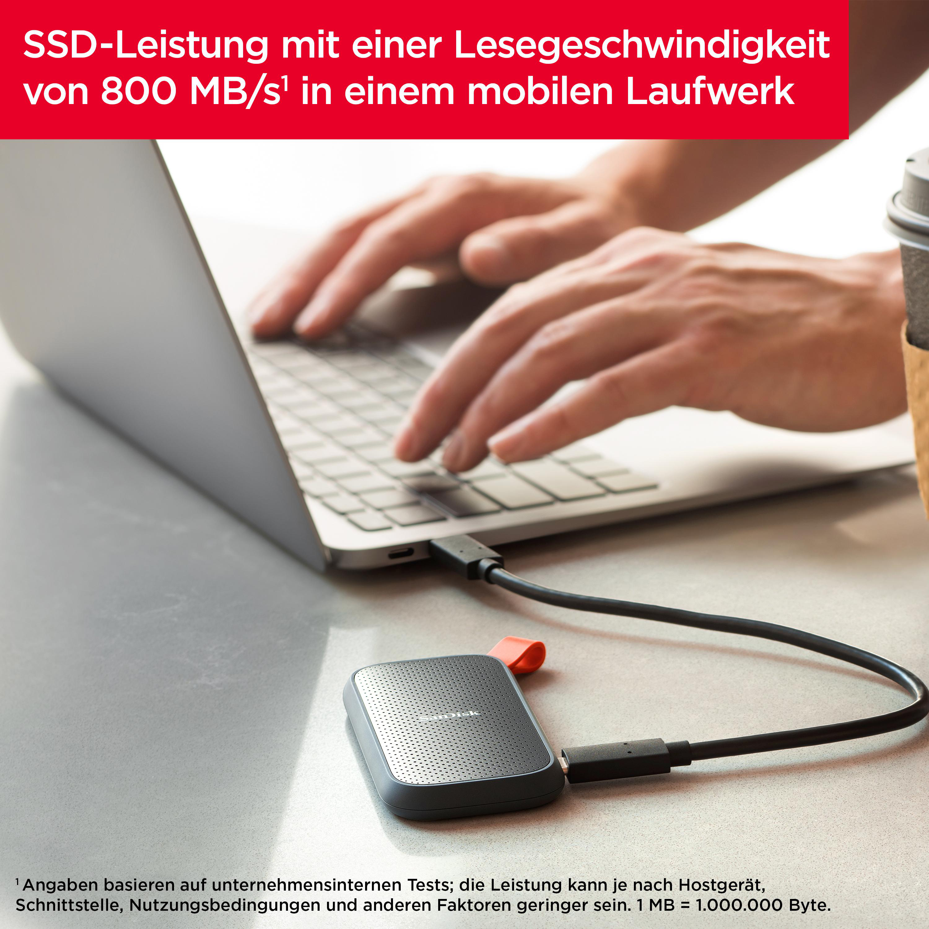 Laptop und externe Festplatte verbunden, heller Hintergrund.