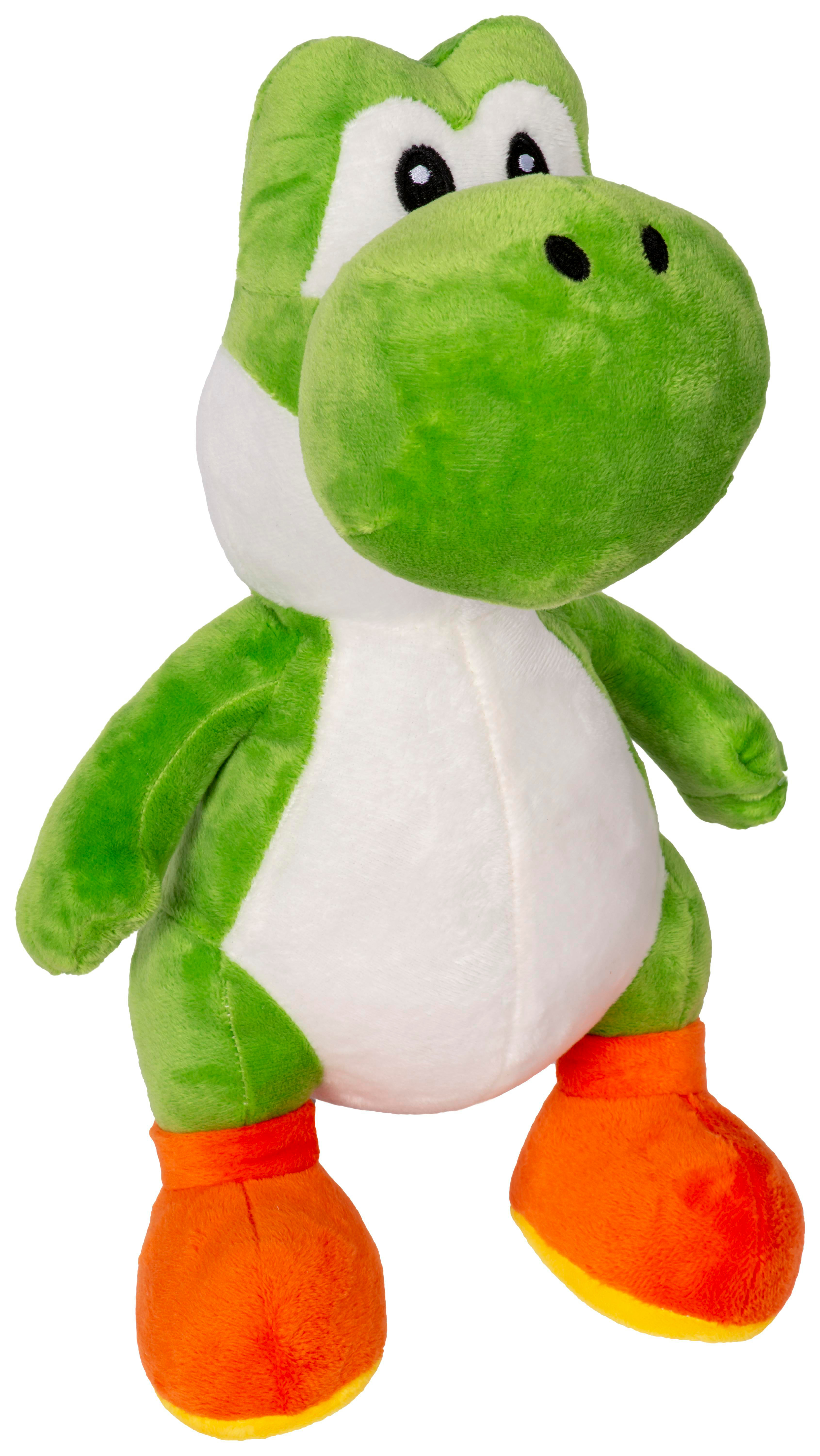 Yoshi-Plüschtier in Sitzposition, grüner Körper, weißer Bauch, orangefarbene Schuhe, weißer Hintergrund.