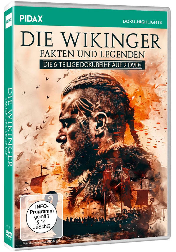 DVD-Cover: Wikinger-Porträt mit Schiffen und Vögeln, Titel: Die Wikinger.