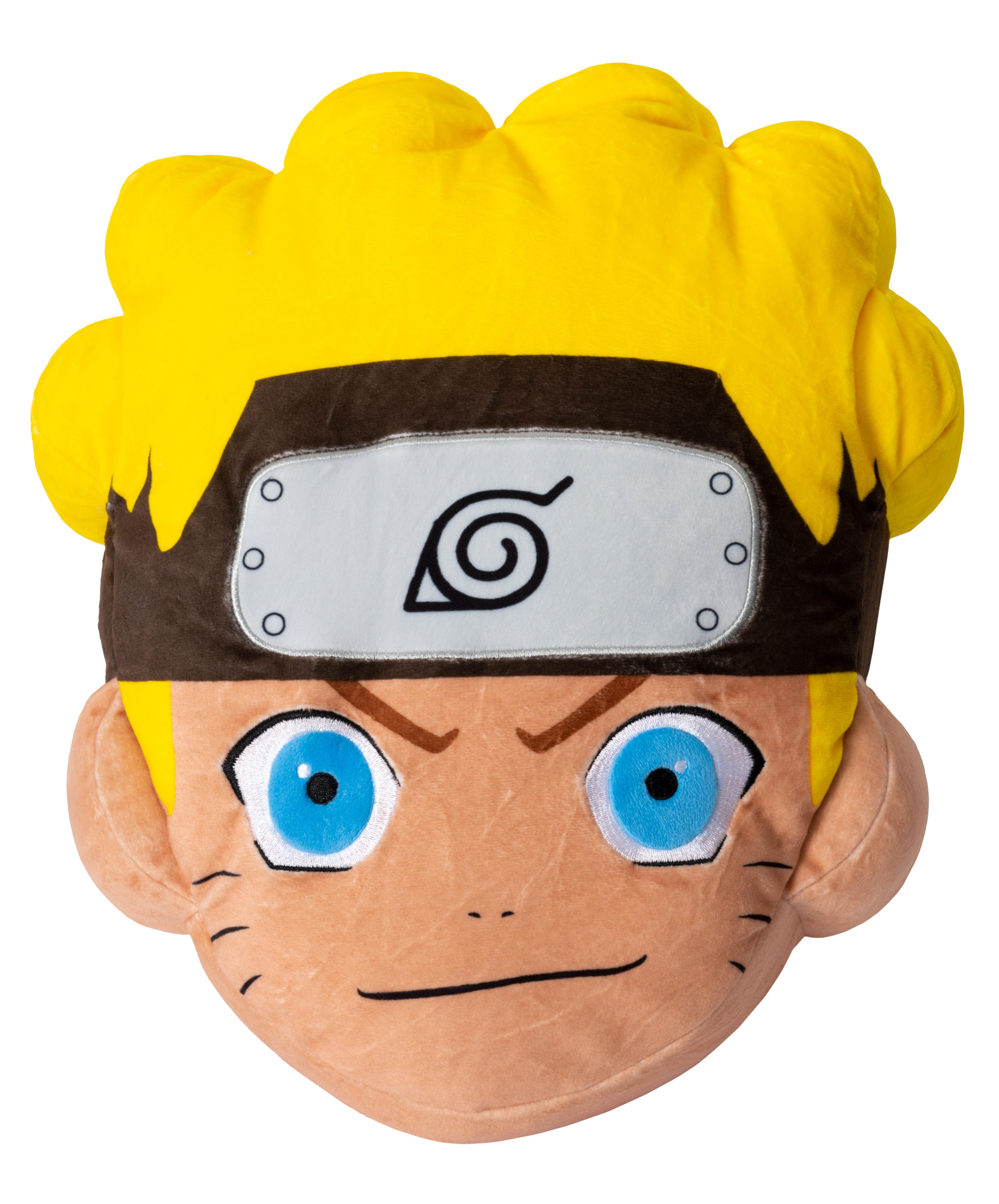 Naruto-Kissen mit Narutos Gesicht mit blauen Augen und stacheligem gelbem Haar.