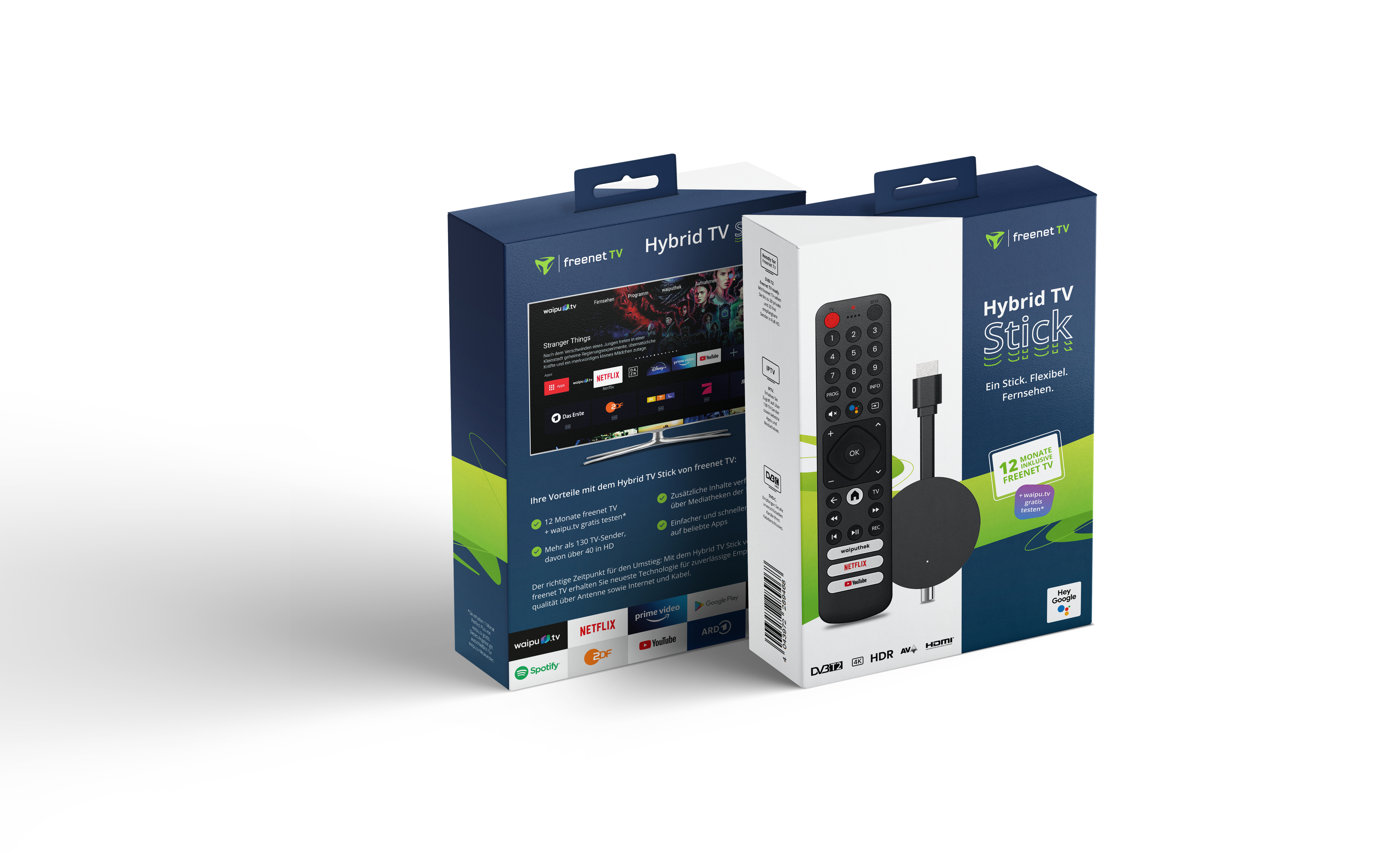 Zwei Boxen mit Fernbedienung und Streaming-Gerät. Text 'Hybrid TV Stick' sichtbar.