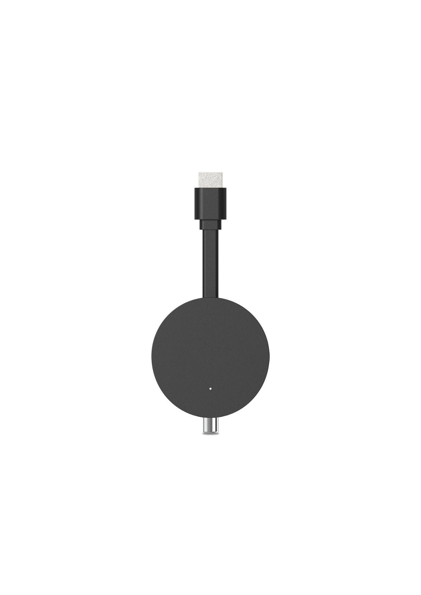 Ein schwarzes Google Chromecast-Gerät mit einem USB-C-Kabel.