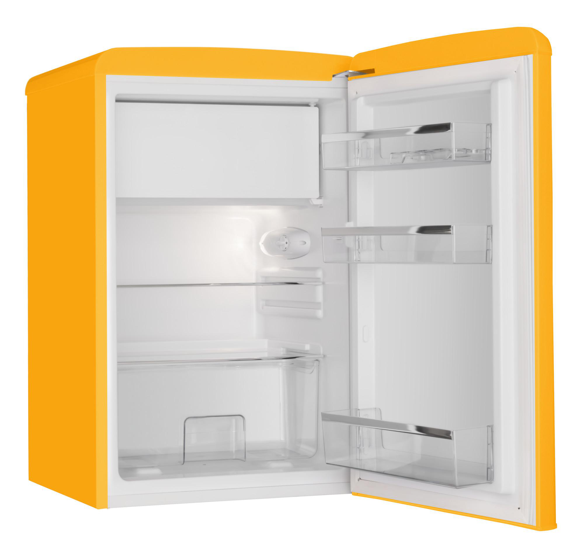 Ein offener gelber Mini-Kühlschrank, der das Innere mit Regalen und Fächern zeigt.