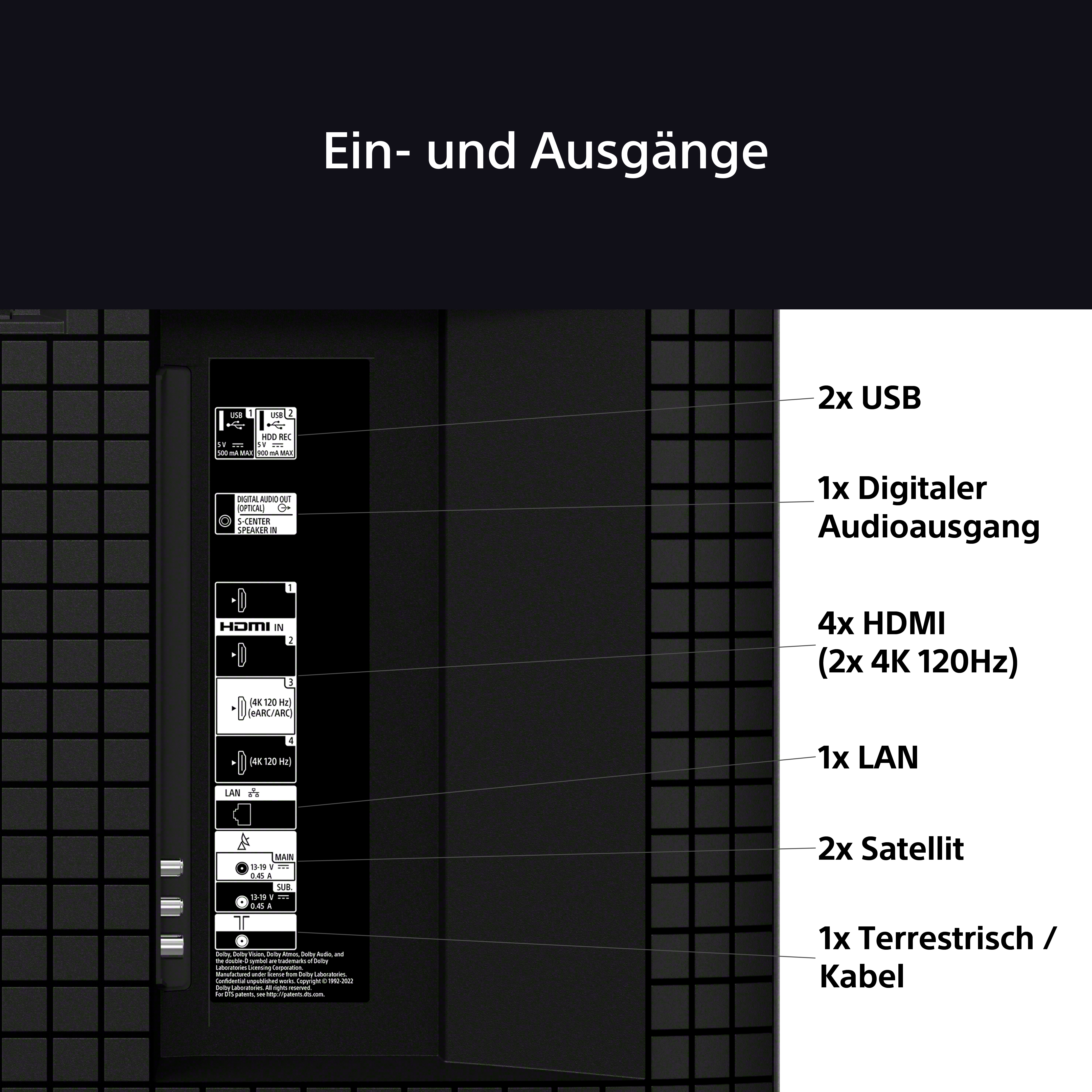 Nahaufnahme der TV-Eingänge. Text zeigt 2x USB, 1x digital Audio, 4x HDMI, 1x LAN, 2x Satellit und 1x Antenne.
