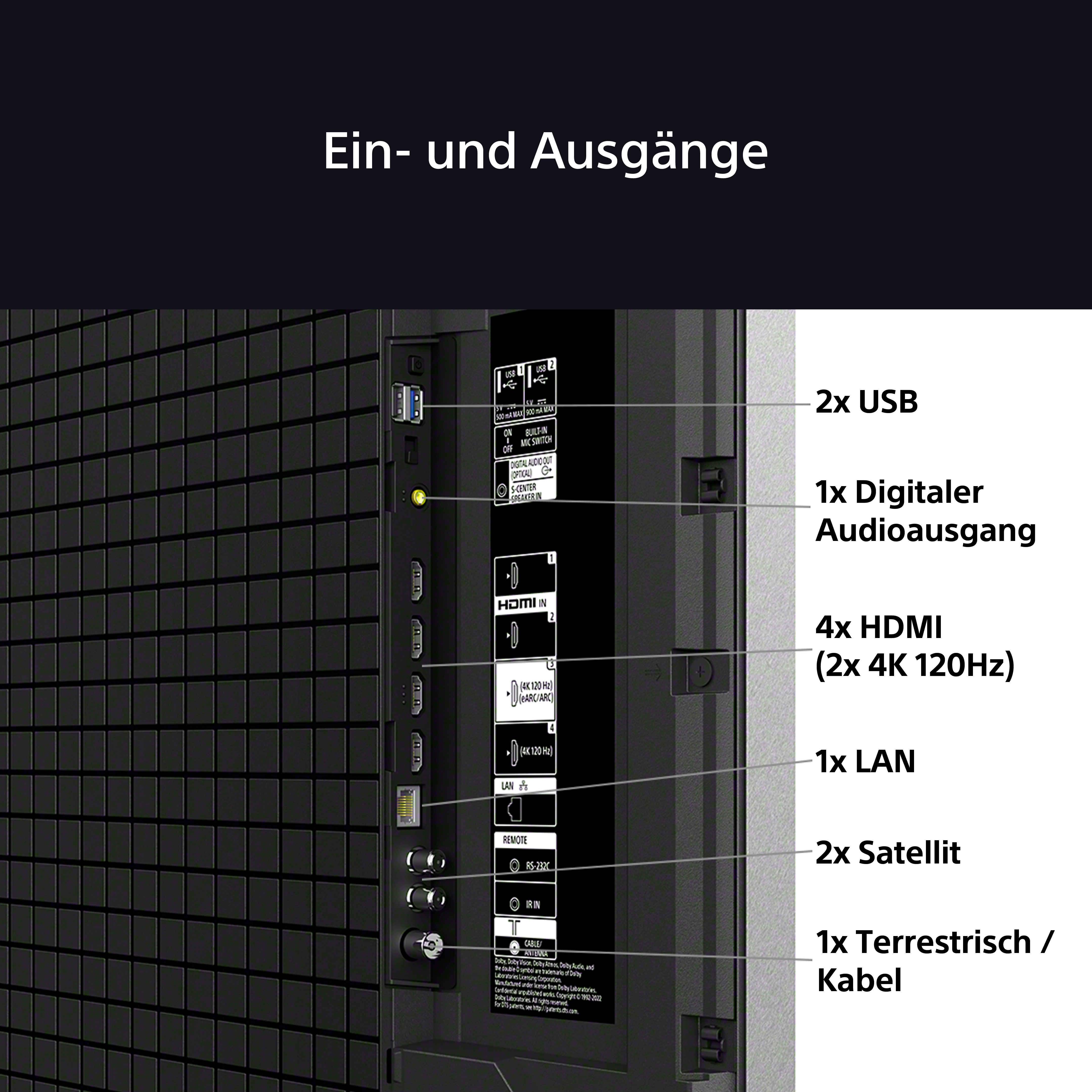 Rückseite eines Fernsehers. Beschriftete Anschlüsse wie HDMI, USB, LAN. Nahaufnahme, deutsch.