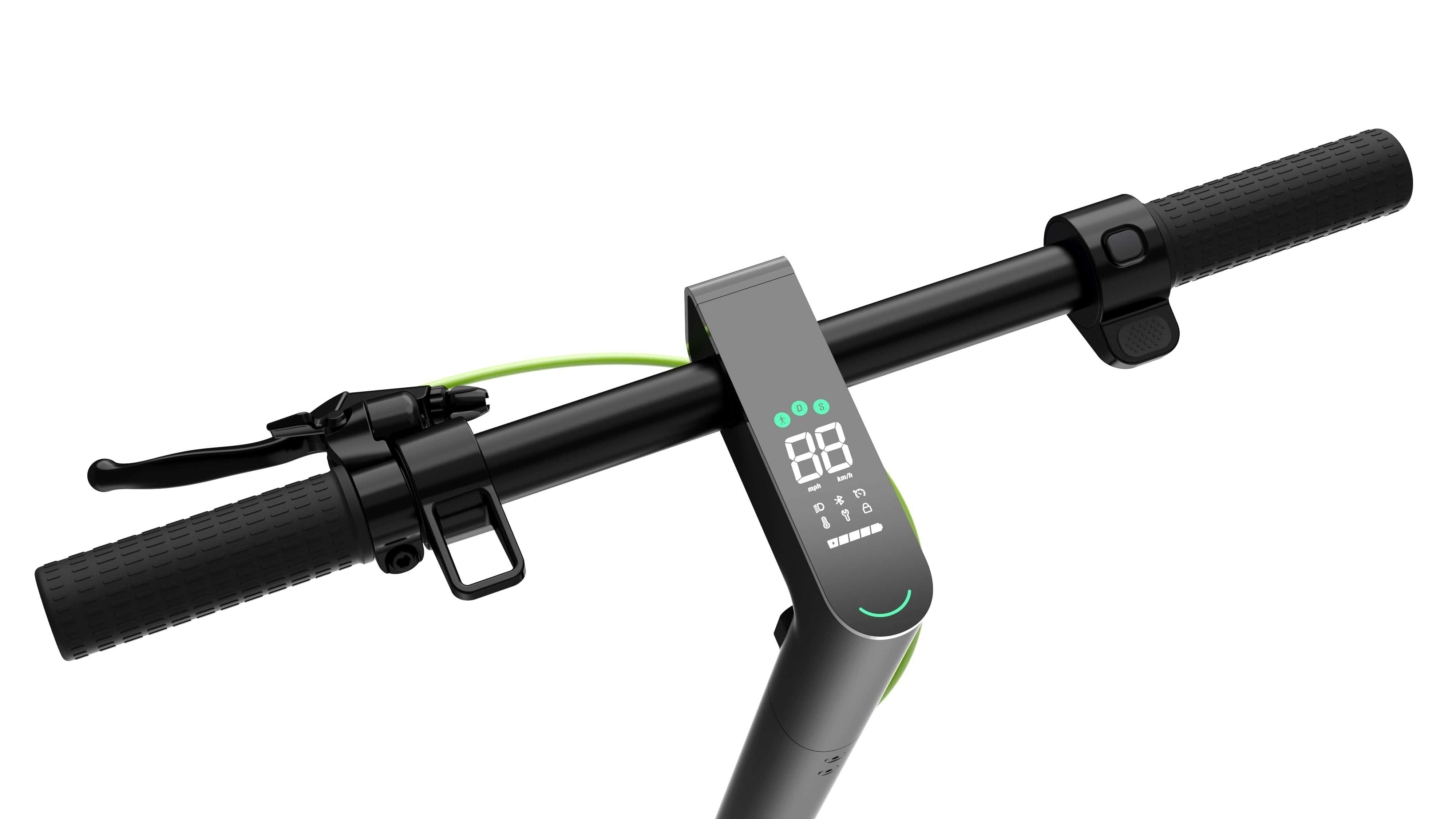 Roller-Lenker mit Geschwindigkeitsanzeige, schwarz-grünes Farbschema.