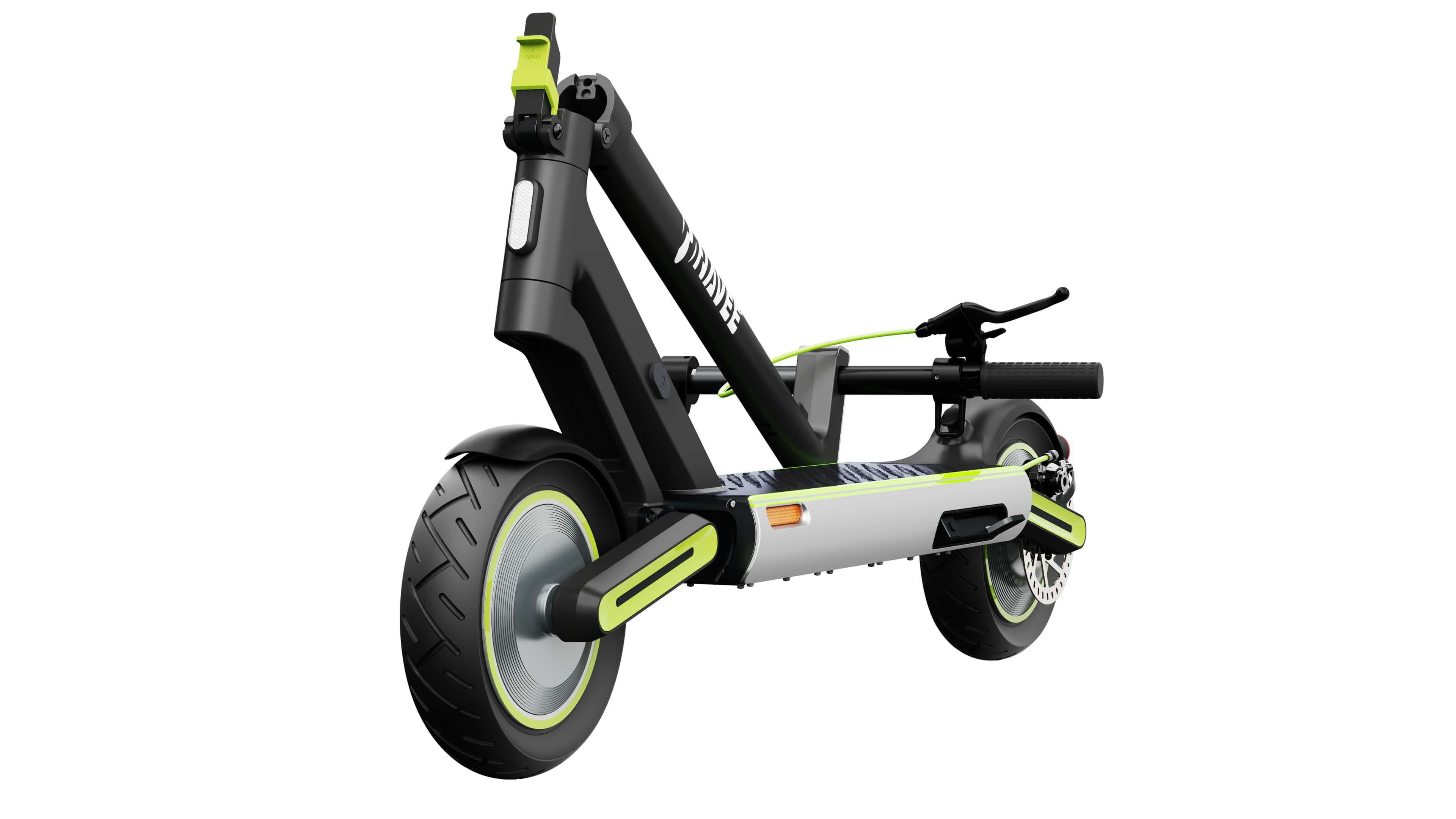 Moderner schwarz-grüner Elektroroller auf weißem Hintergrund. Der Roller hat ein schlankes Design mit Scheinwerfer.