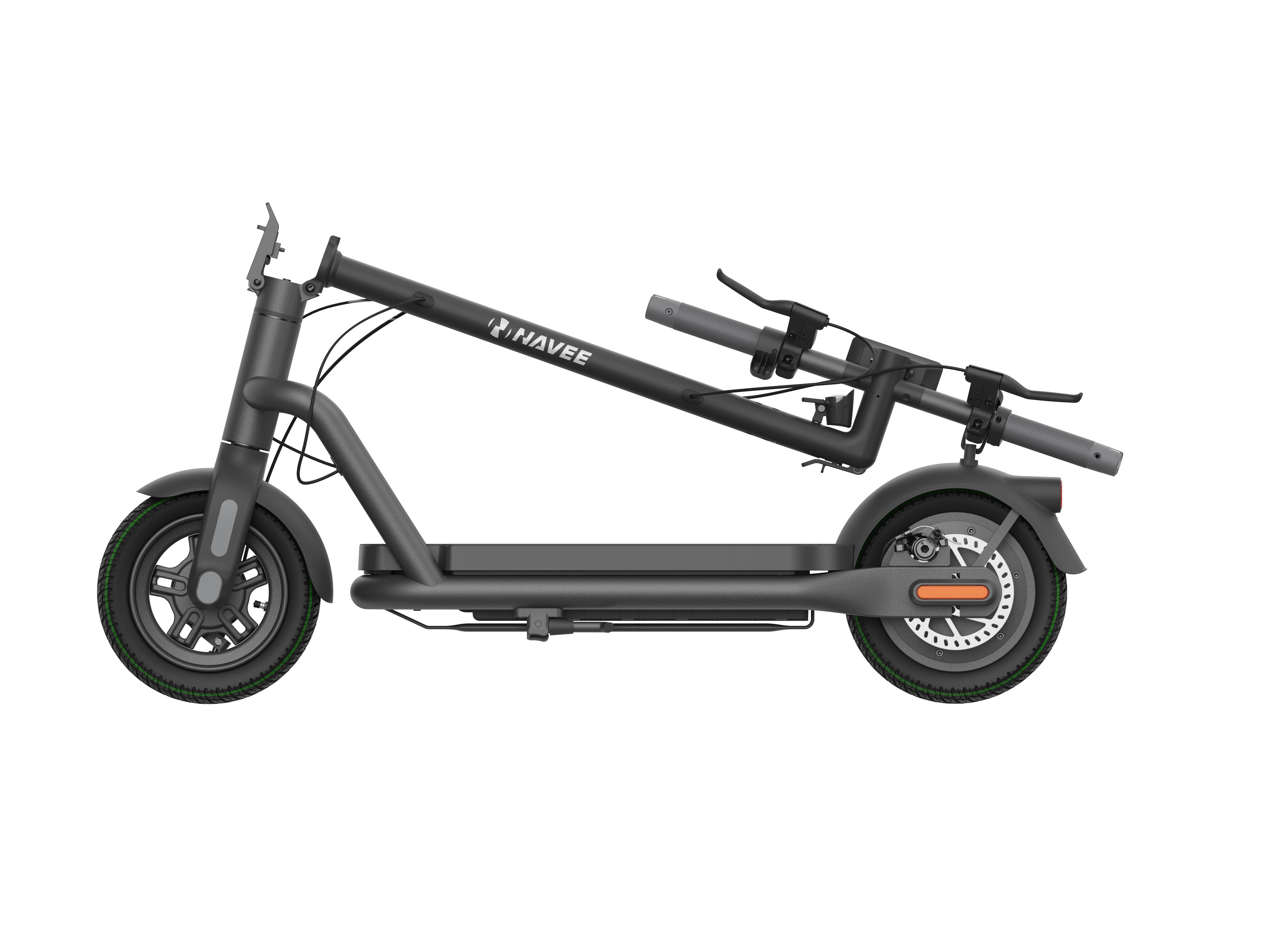 Grauer E-Scooter mit grünen Reifen, zusammengeklappt. Der Lenker ist geklappt.