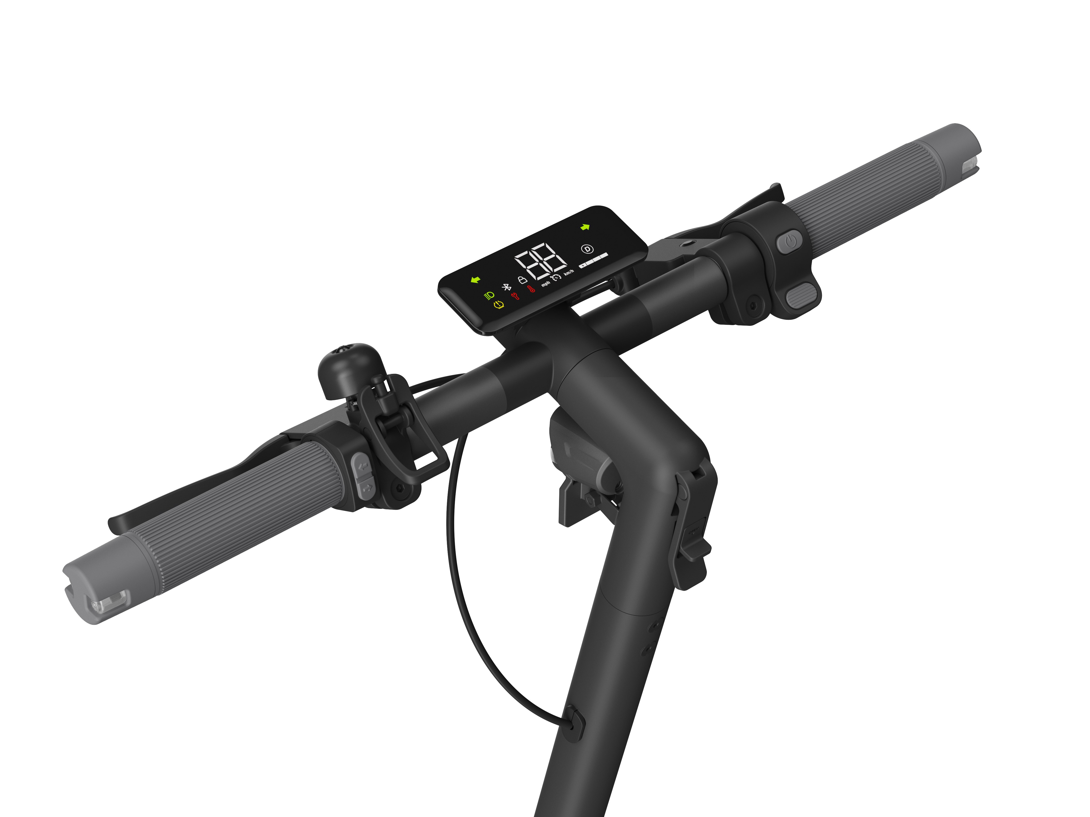 Roller-Lenker mit Digitalanzeige für Geschwindigkeit und Akku, mit grauen Griffen.