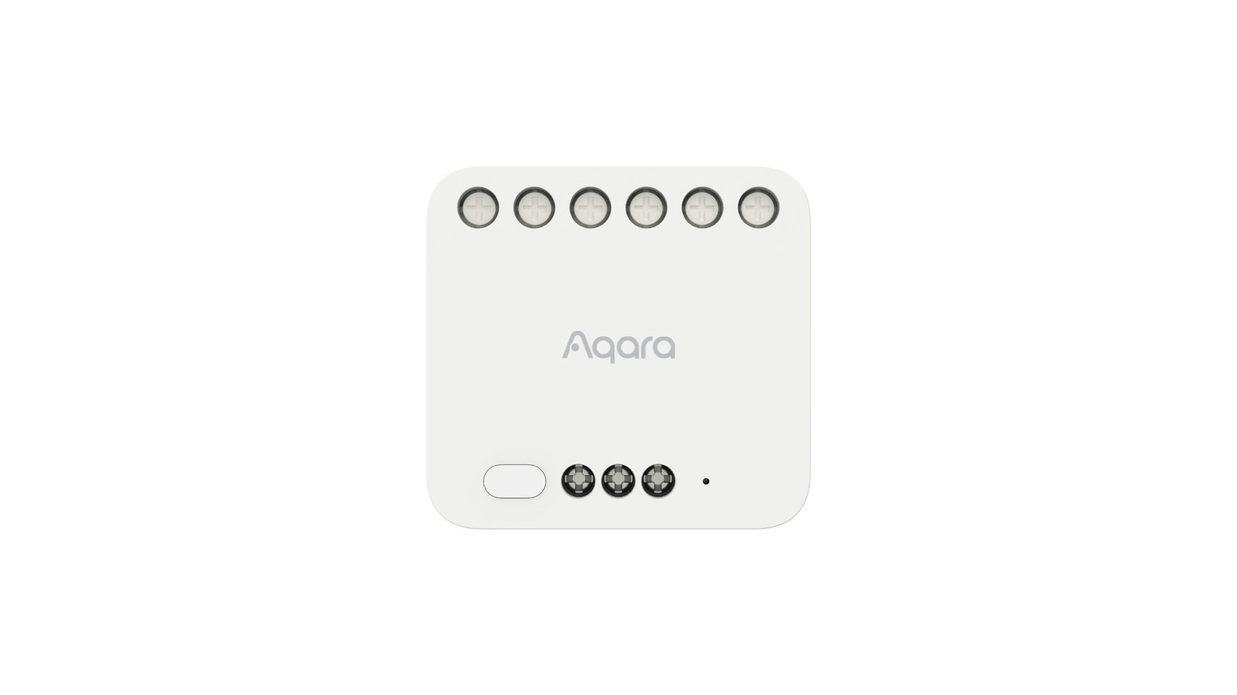 Ein weißes, quadratisches Aqara Smart Home Gerät mit sechs Tasten oben und drei unten, plus dem Aqara Logo.