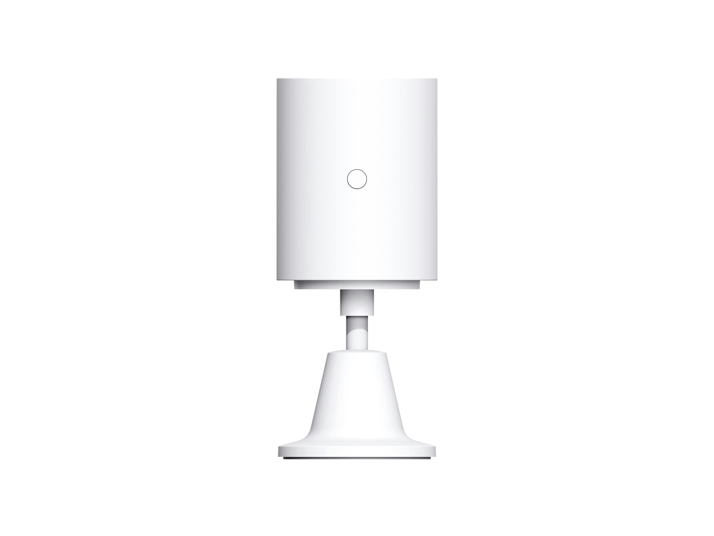 Ein weißes Smart-Home-Gerät auf einem weißen Ständer, isoliert vor weißem Hintergrund.