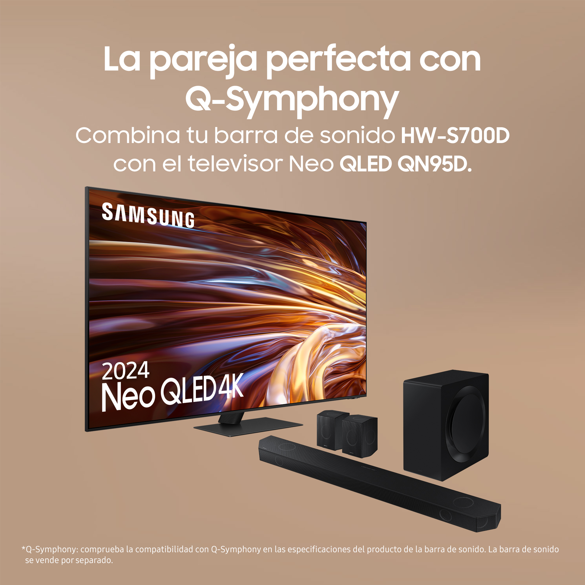 Un televisor Samsung con barra de sonido y altavoces, sobre un fondo neutro con texto.