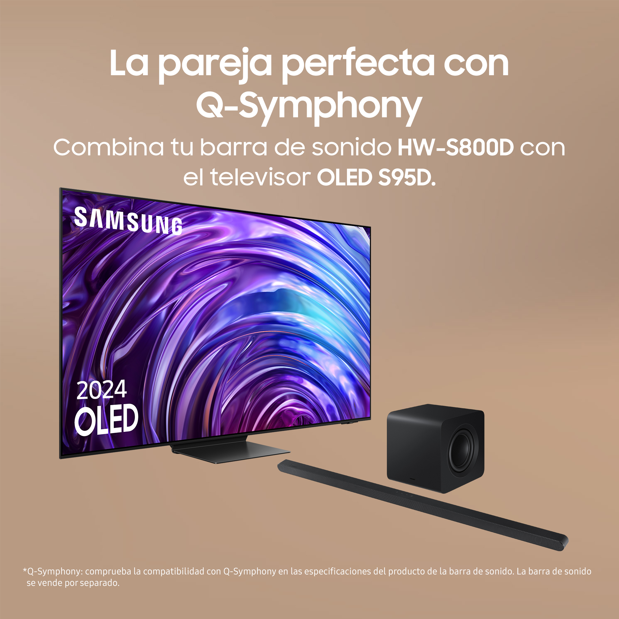 Un televisor con barra de sonido y subwoofer, y el texto 'La pareja perfecta' en español.