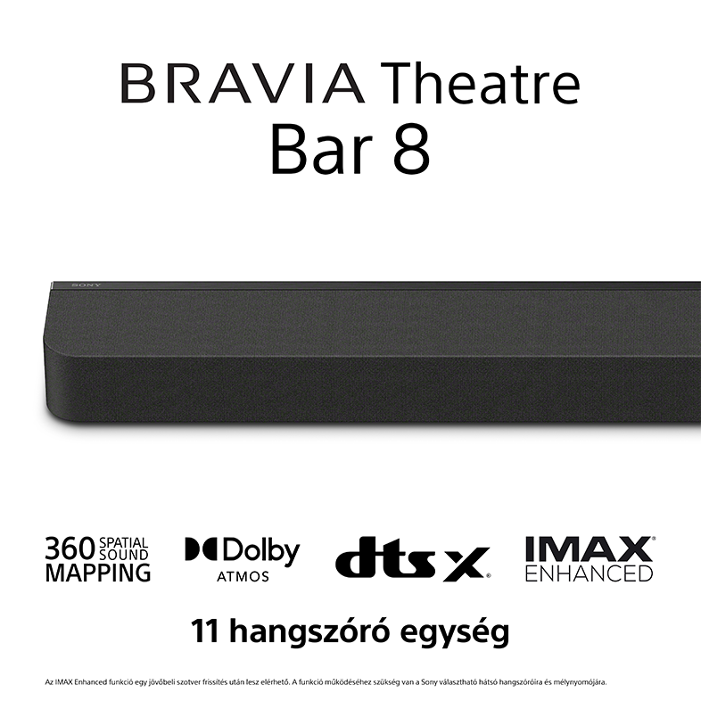 Egy fekete soundbar 360 Spatial, Dolby Atmos, DTS:X, IMAX Enhanced logókkal.
