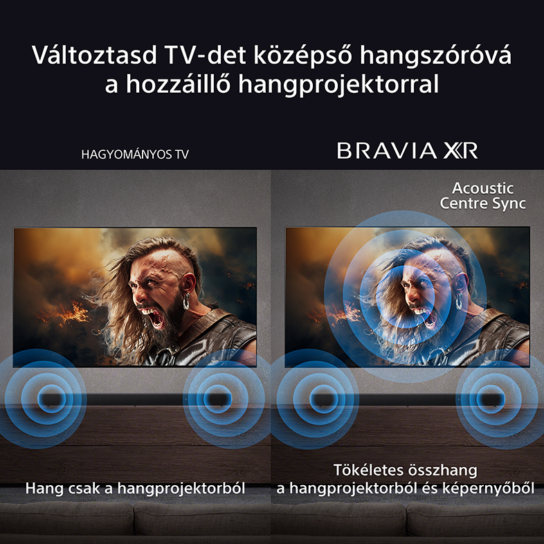 Két TV egymás mellett. Az egyik hagyományos TV-vel, a másik Bravia XR-rel, hanghullámokkal.
