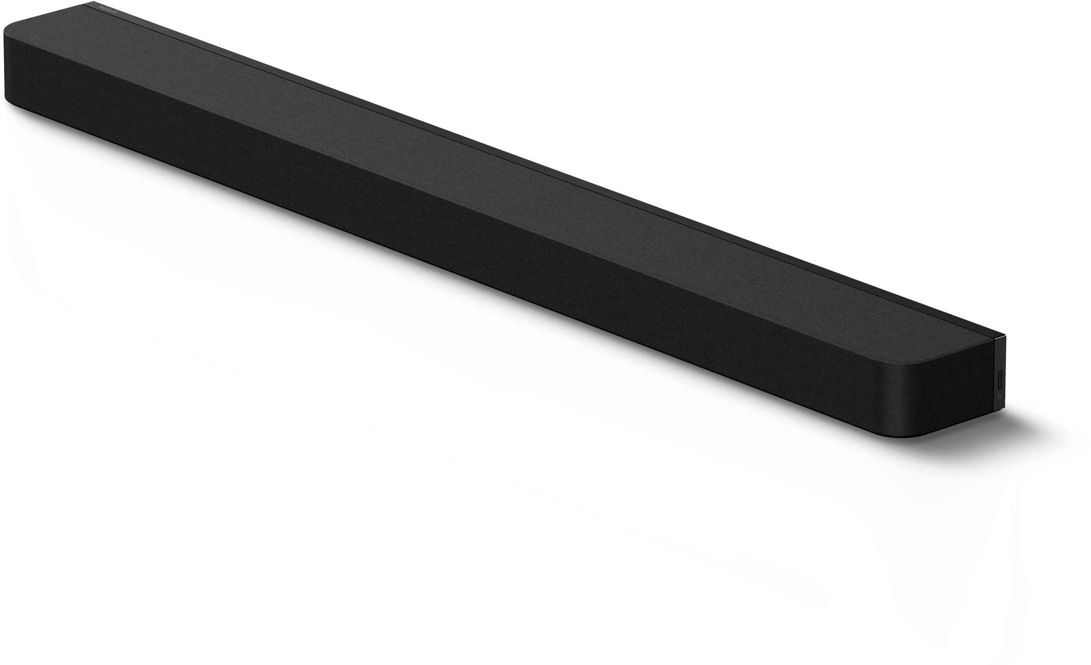 Egy hosszú, fekete soundbar vízszintesen, fehér háttér előtt.