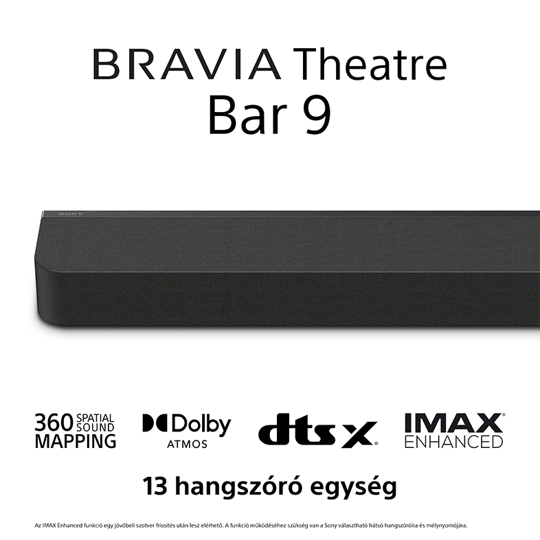 Fekete soundbar 'BRAVIA Theatre Bar 9' szöveggel és Dolby Atmos logókkal.