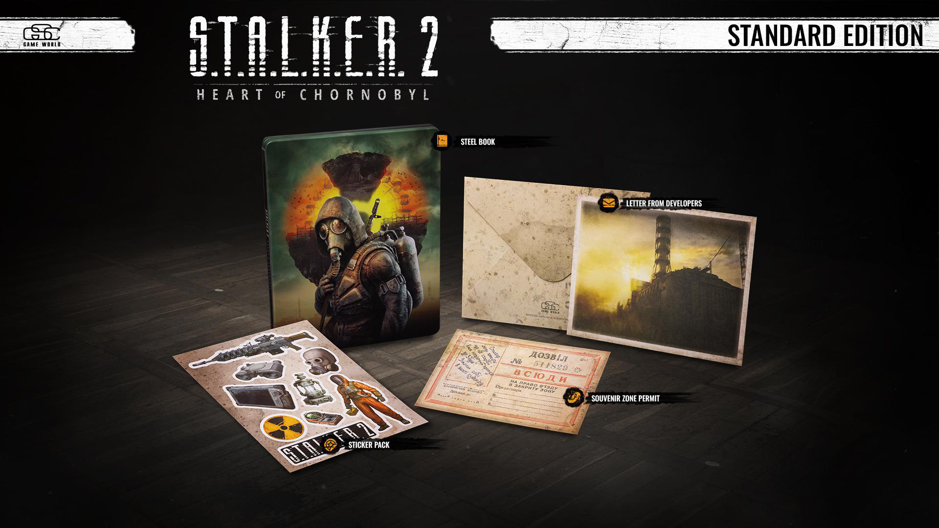 Stalker 2 Spielset: Steelbook, Aufkleber, Brief, Zonenerlaubnis und Umschlag auf dunkler Oberfläche.